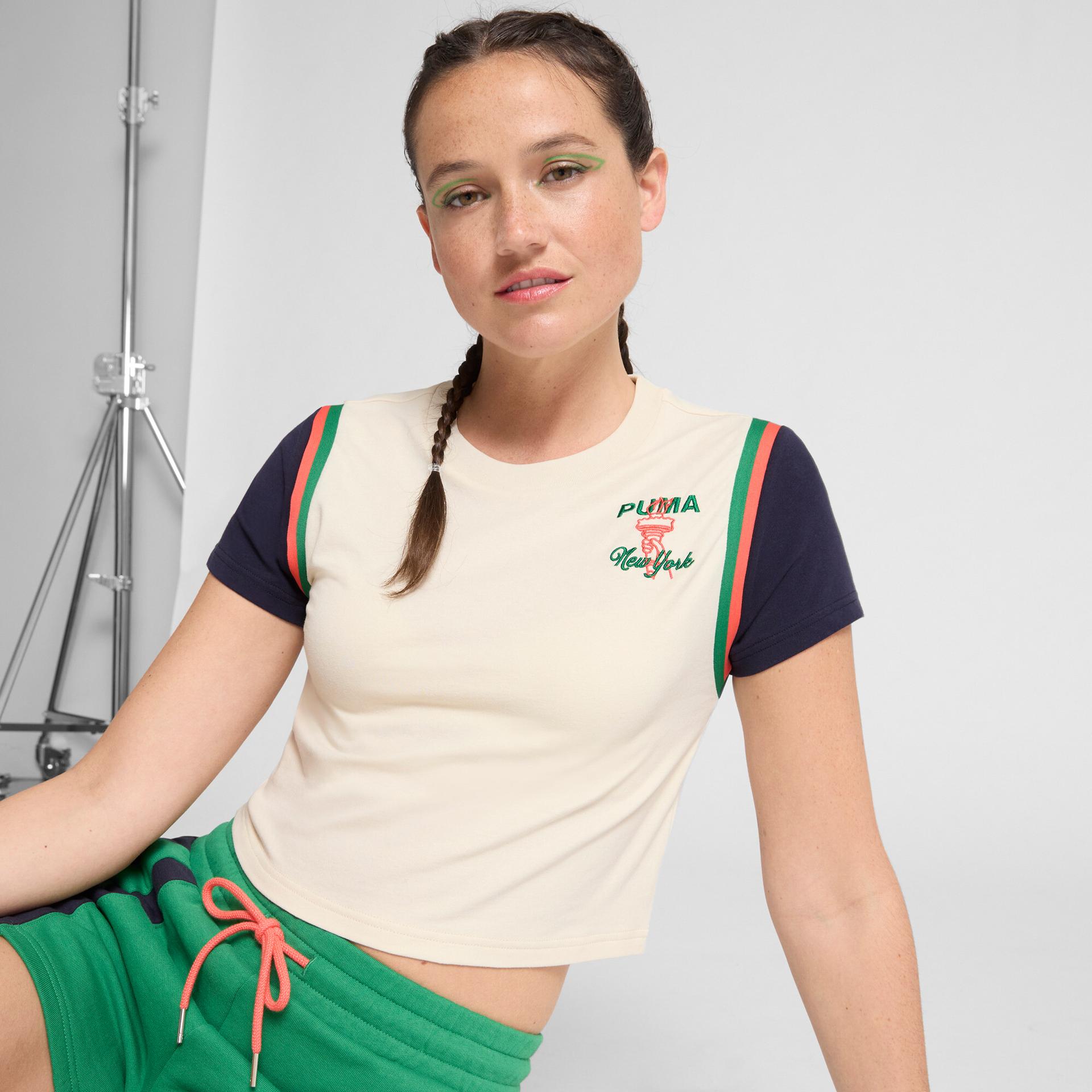 puma wardrobe essentials bright lights nyc flagship women's baby t-shirt in white, size l