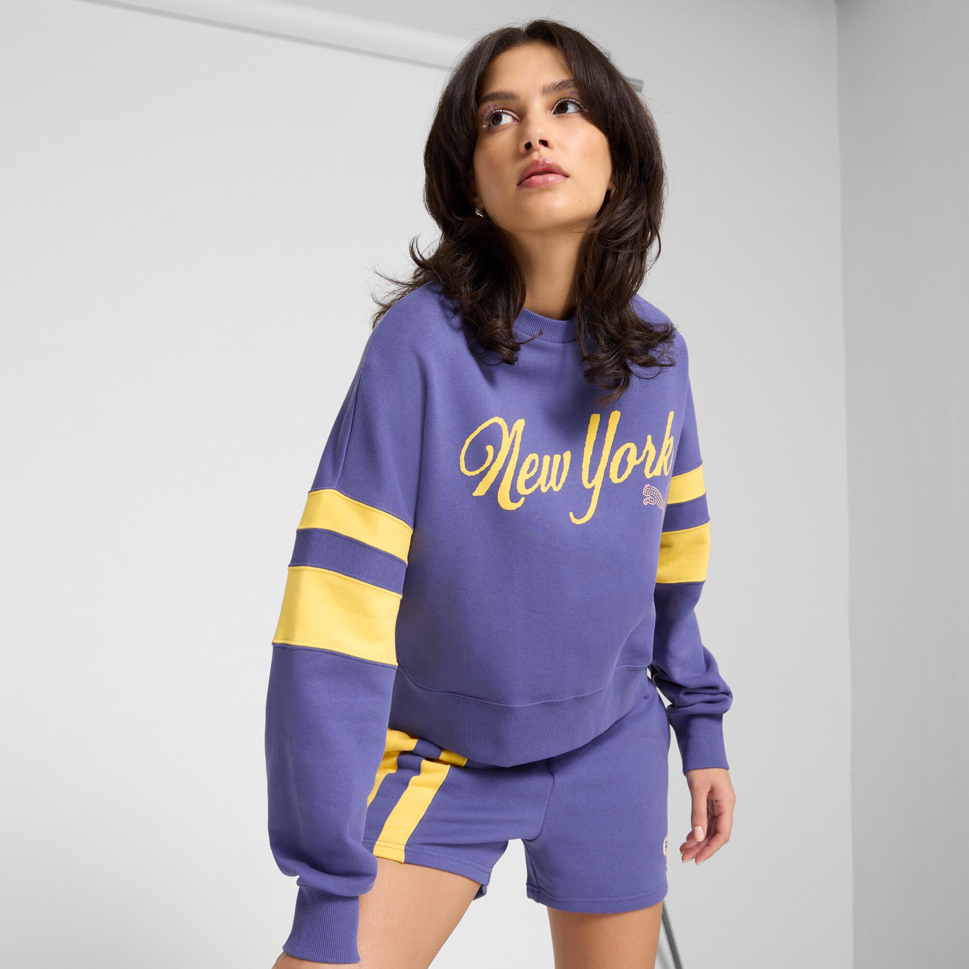 puma wardrobe essentials bright lights nyc flagship women's crew sweatshirt in blue, size xs