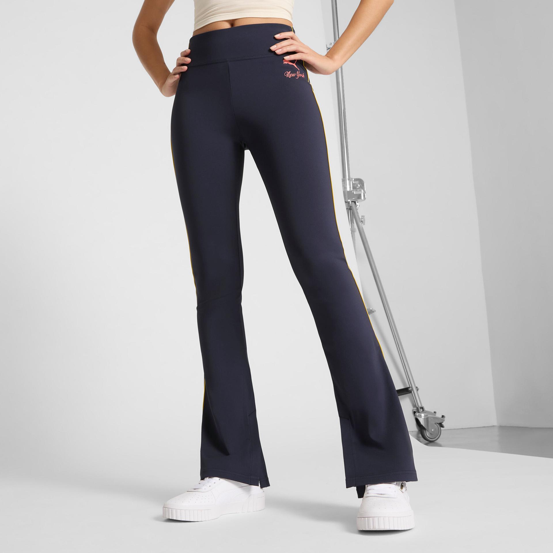 puma wardrobe essentials bright lights nyc flagship women's flared leggings in blue, size m