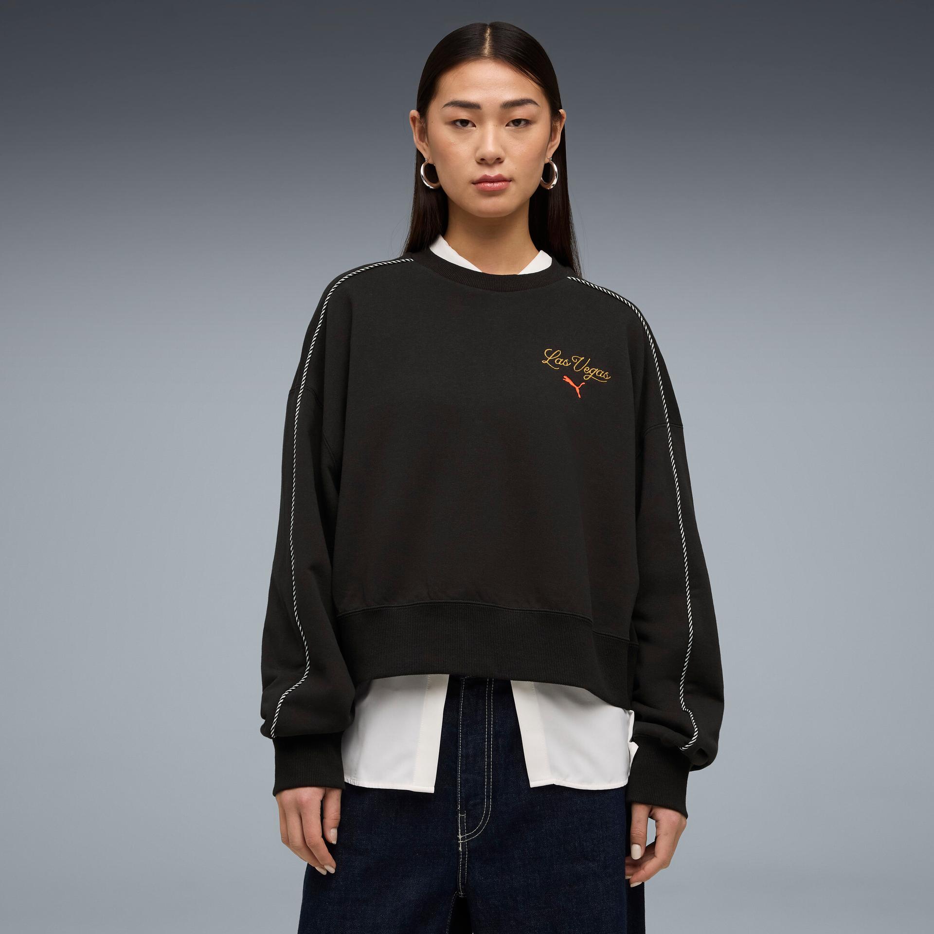 puma wardrobe essentials las vegas women's boxy sweatshirt in black, size l