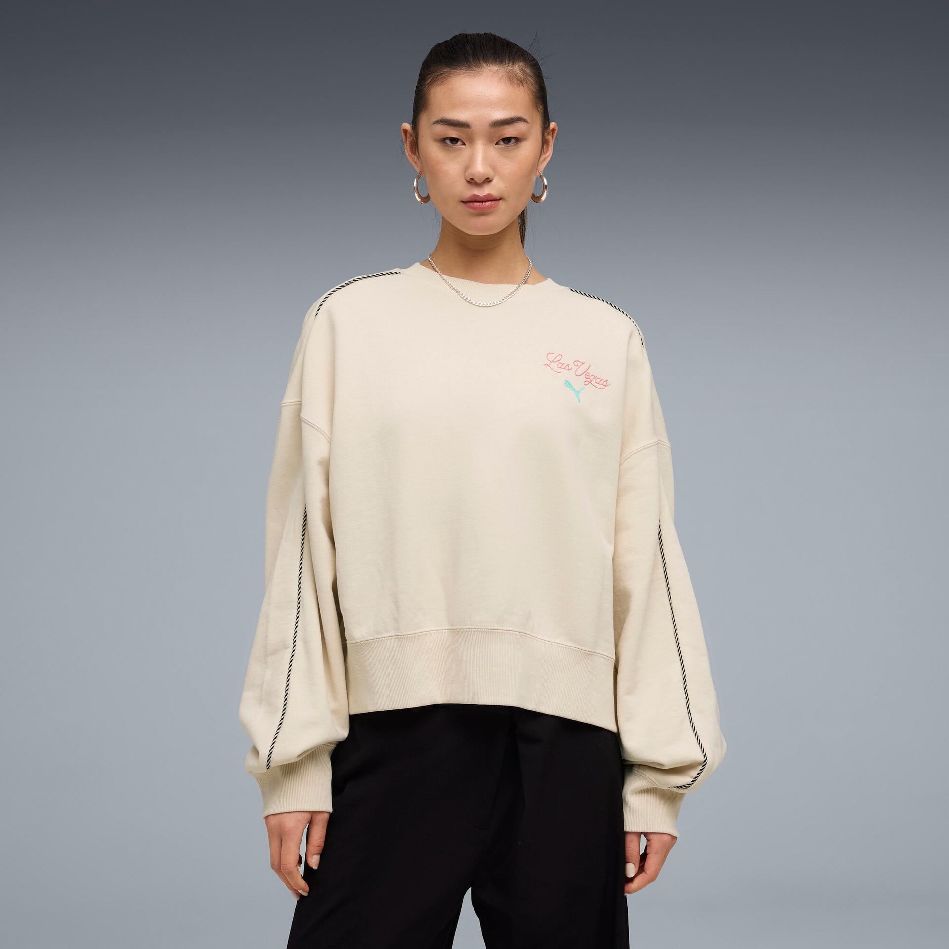 puma wardrobe essentials las vegas women's boxy sweatshirt in white, size xs