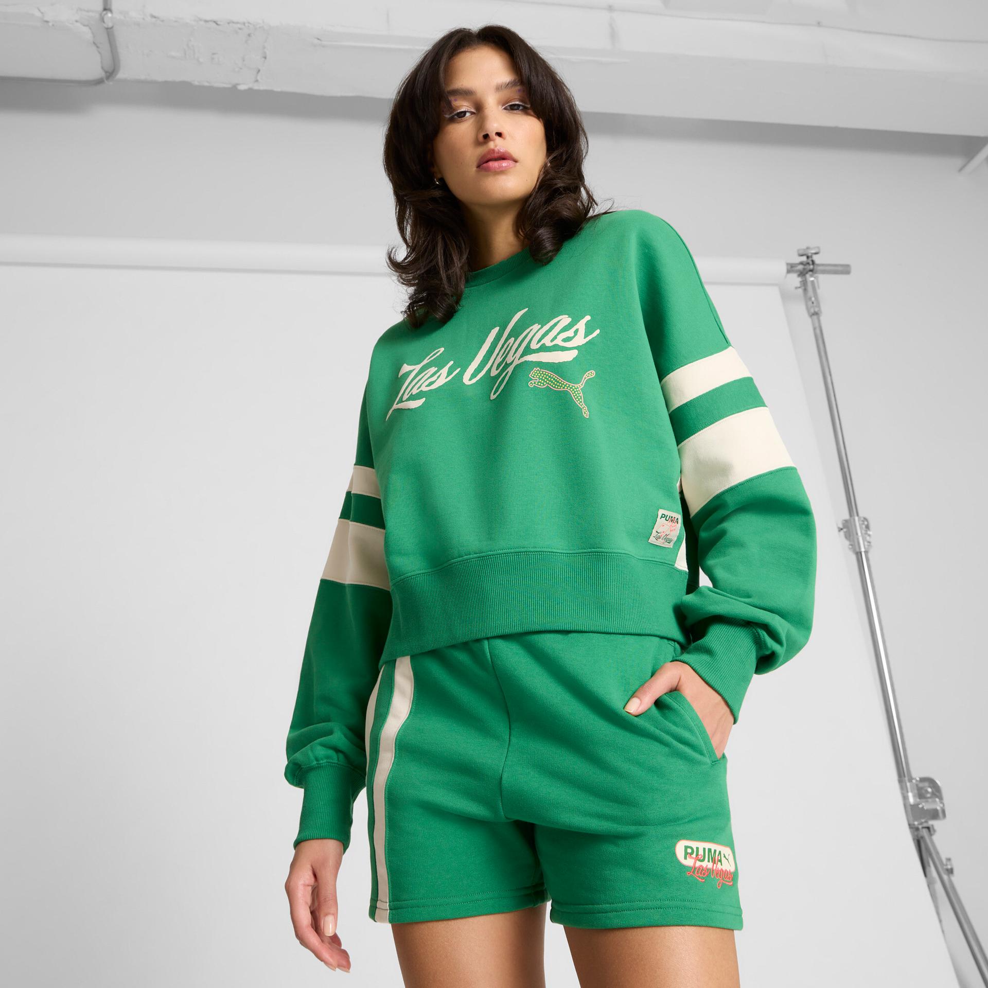 puma wardrobe essentials las vegas women's crew sweatshirt in green, size m