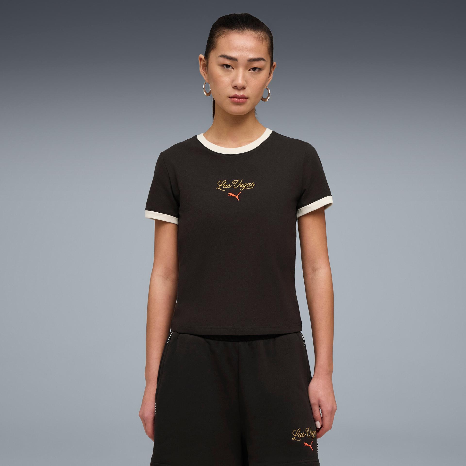 puma wardrobe essentials las vegas women's slim t-shirt in black, size m