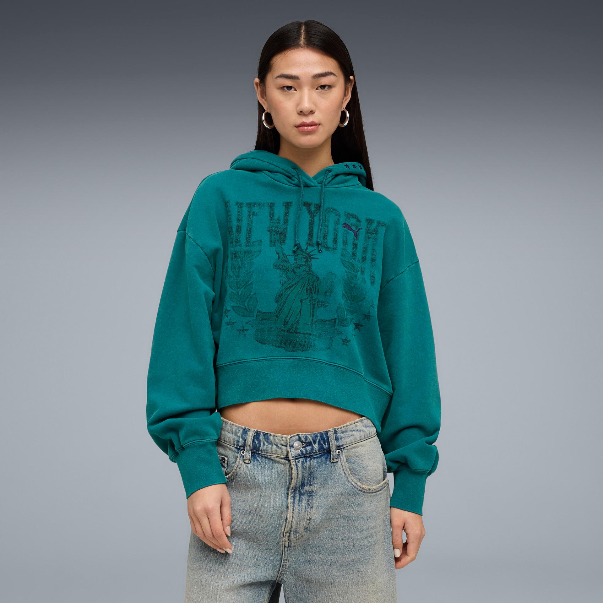puma wardrobe essentials nyc women's hoodie in green, size xs