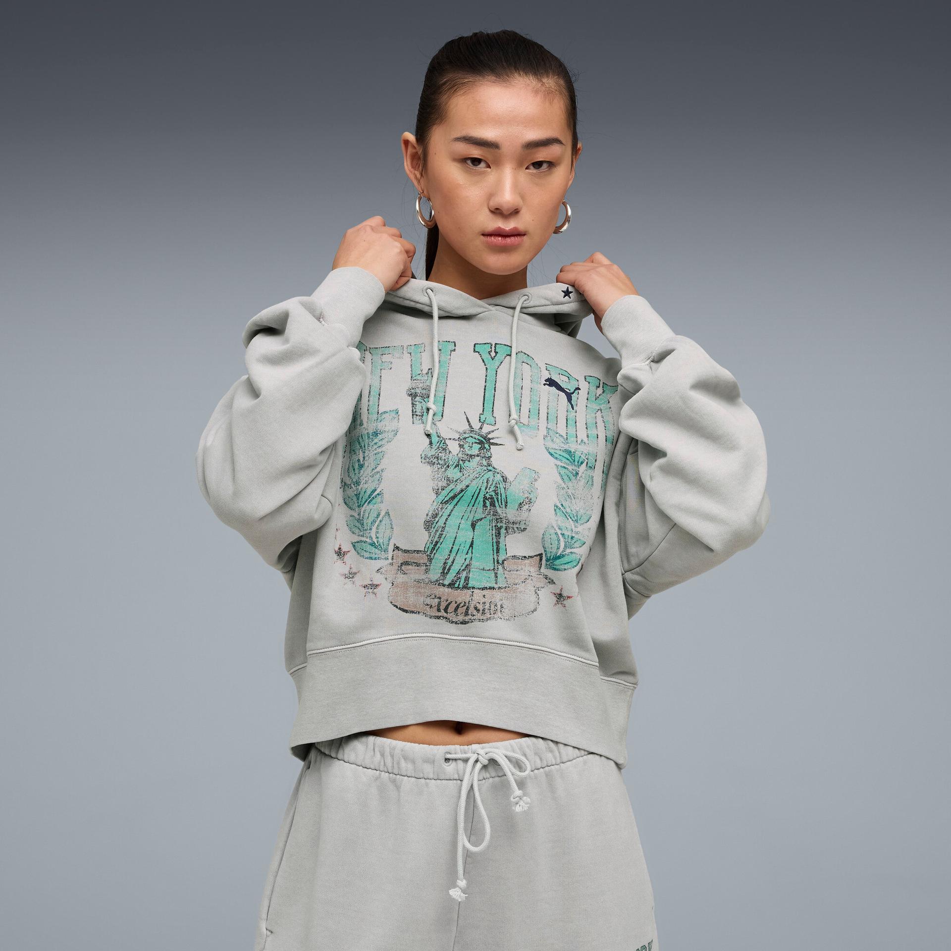 puma wardrobe essentials nyc women's hoodie in grey, size xl