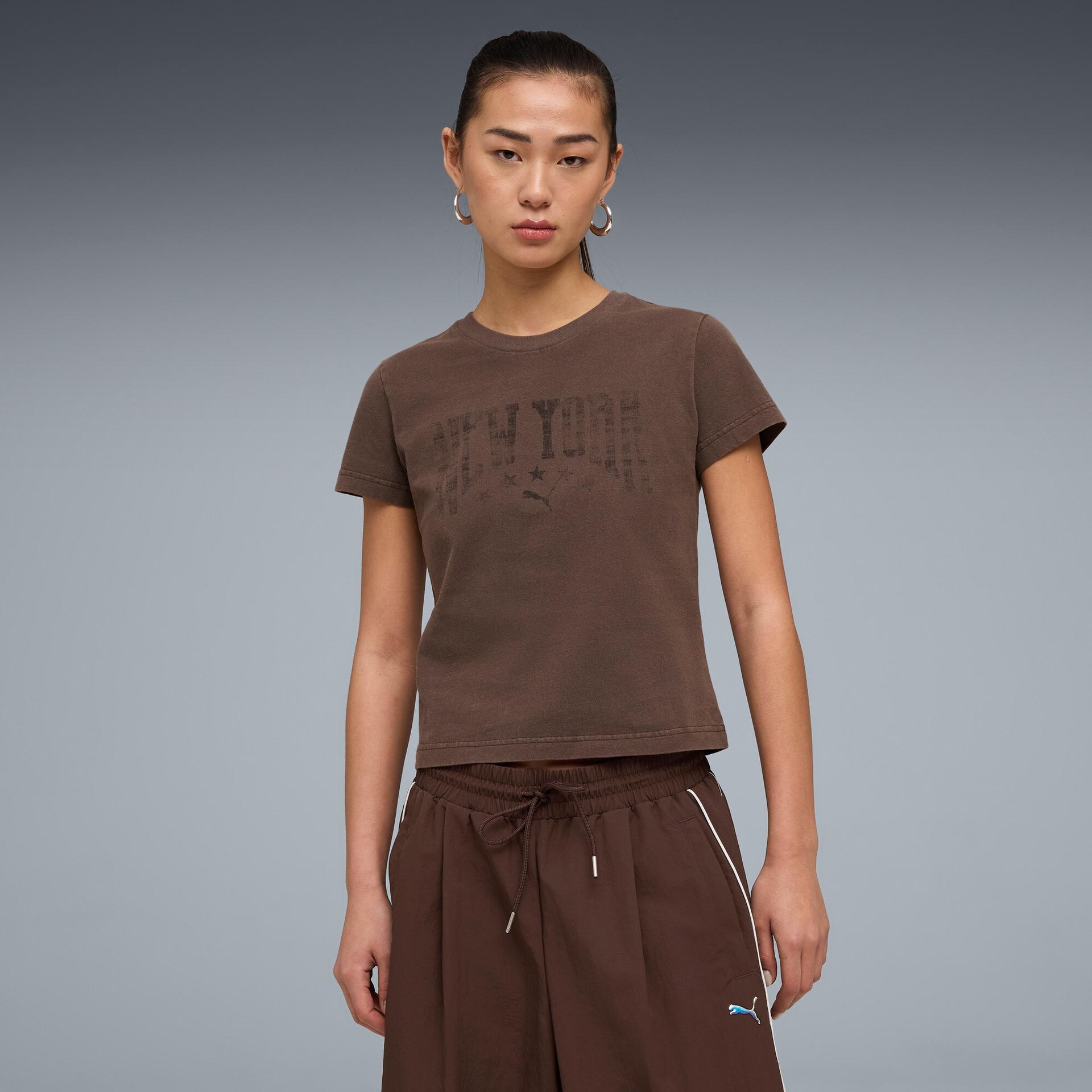 puma wardrobe essentials nyc women's slim t-shirt in brown, size l