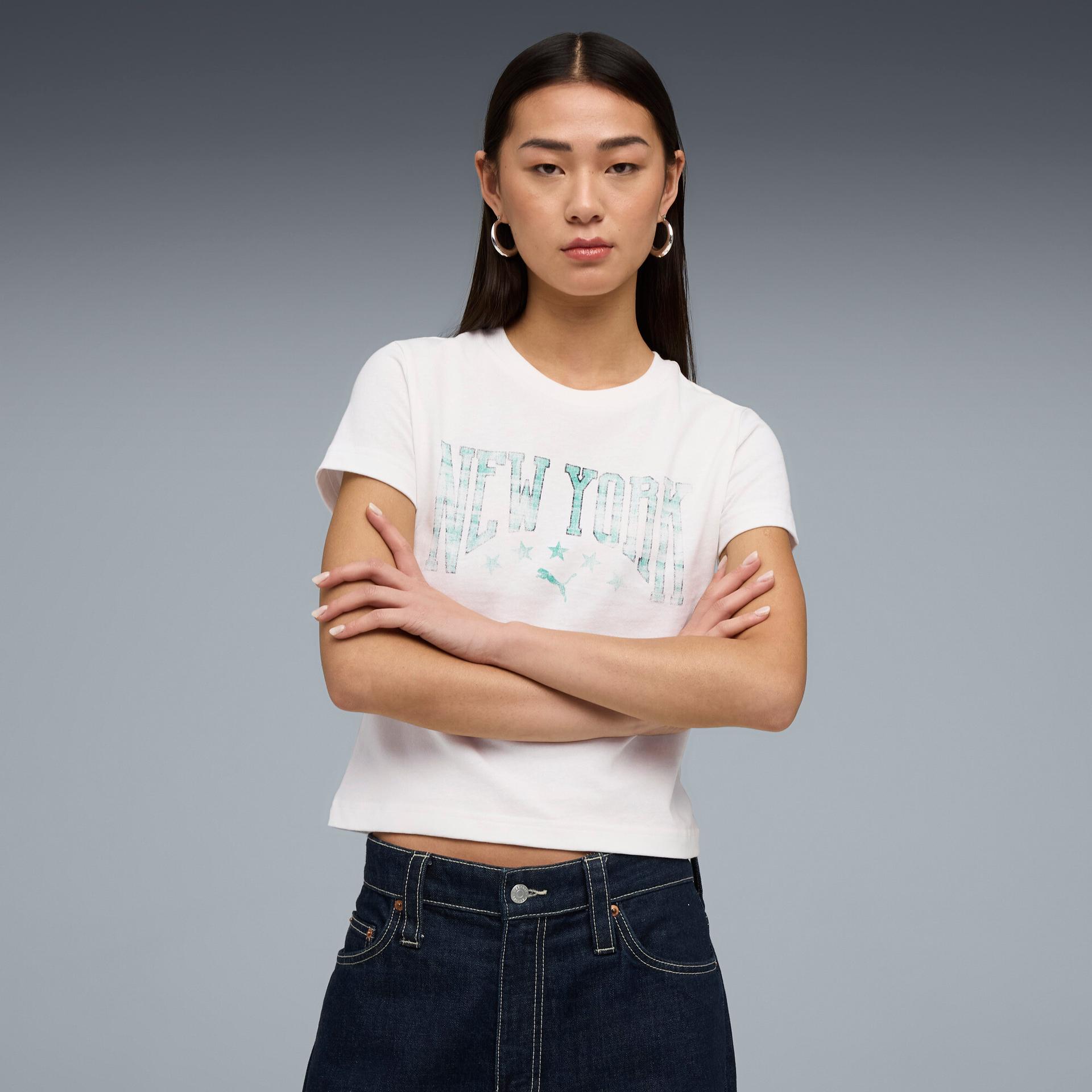 puma wardrobe essentials nyc women's slim t-shirt in white, size xs