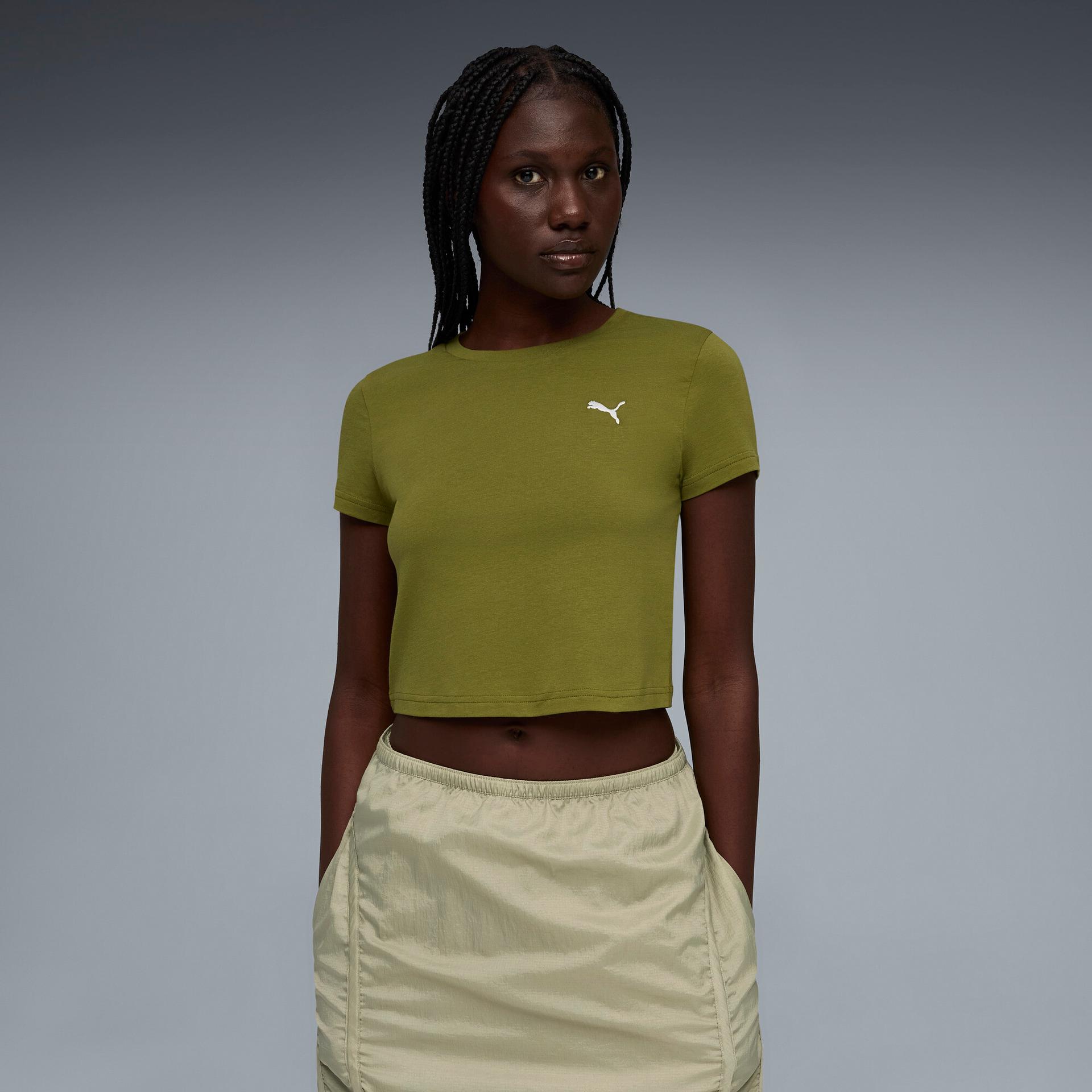 puma wardrobe essentials women's baby t-shirt in green, size l