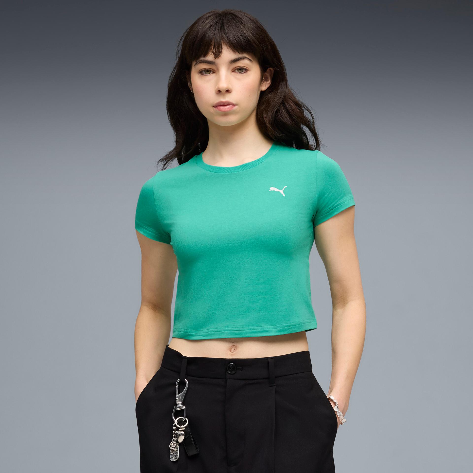 puma wardrobe essentials women's baby t-shirt in green, size xl