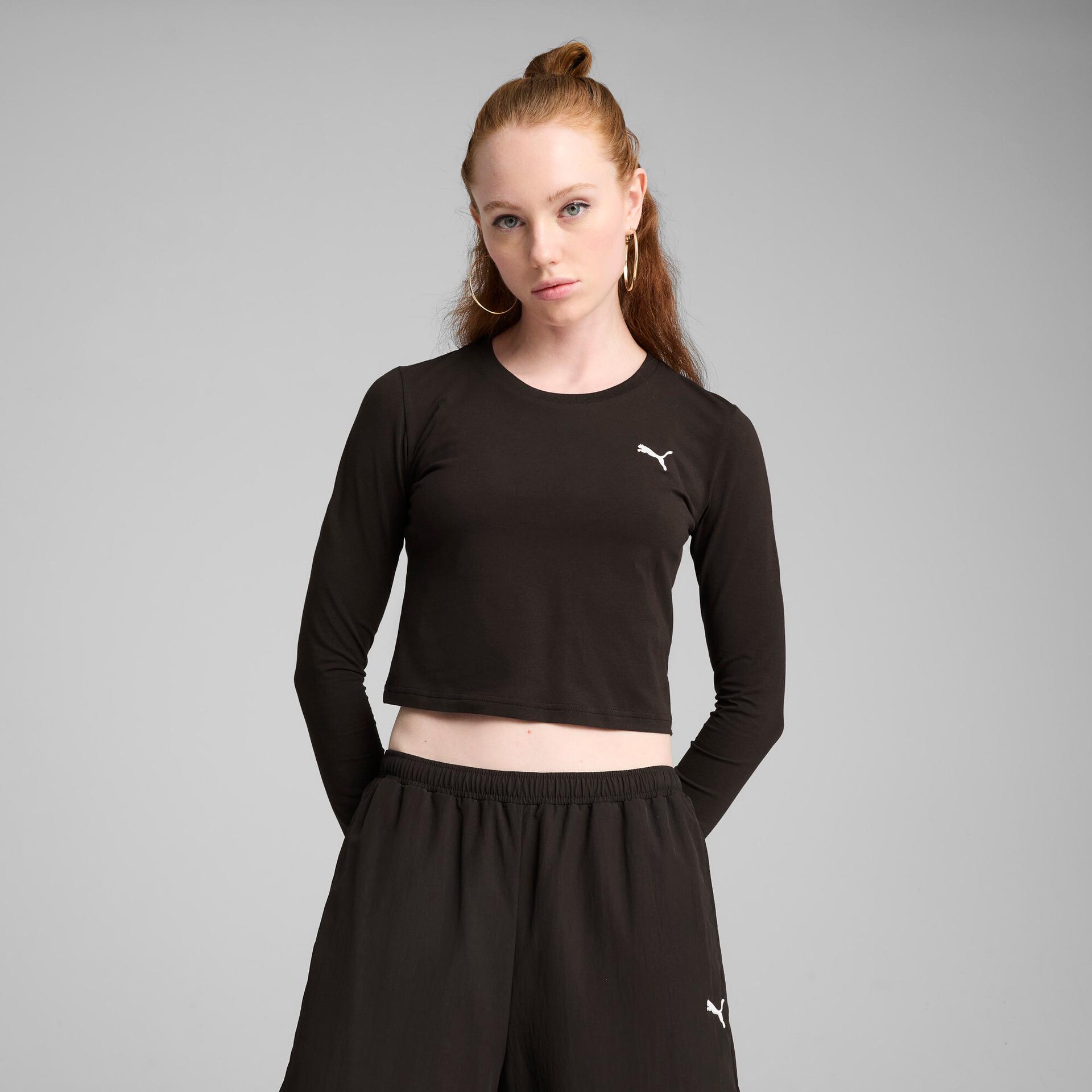 puma wardrobe essentials women's cropped long sleeve t-shirt in black, size xs