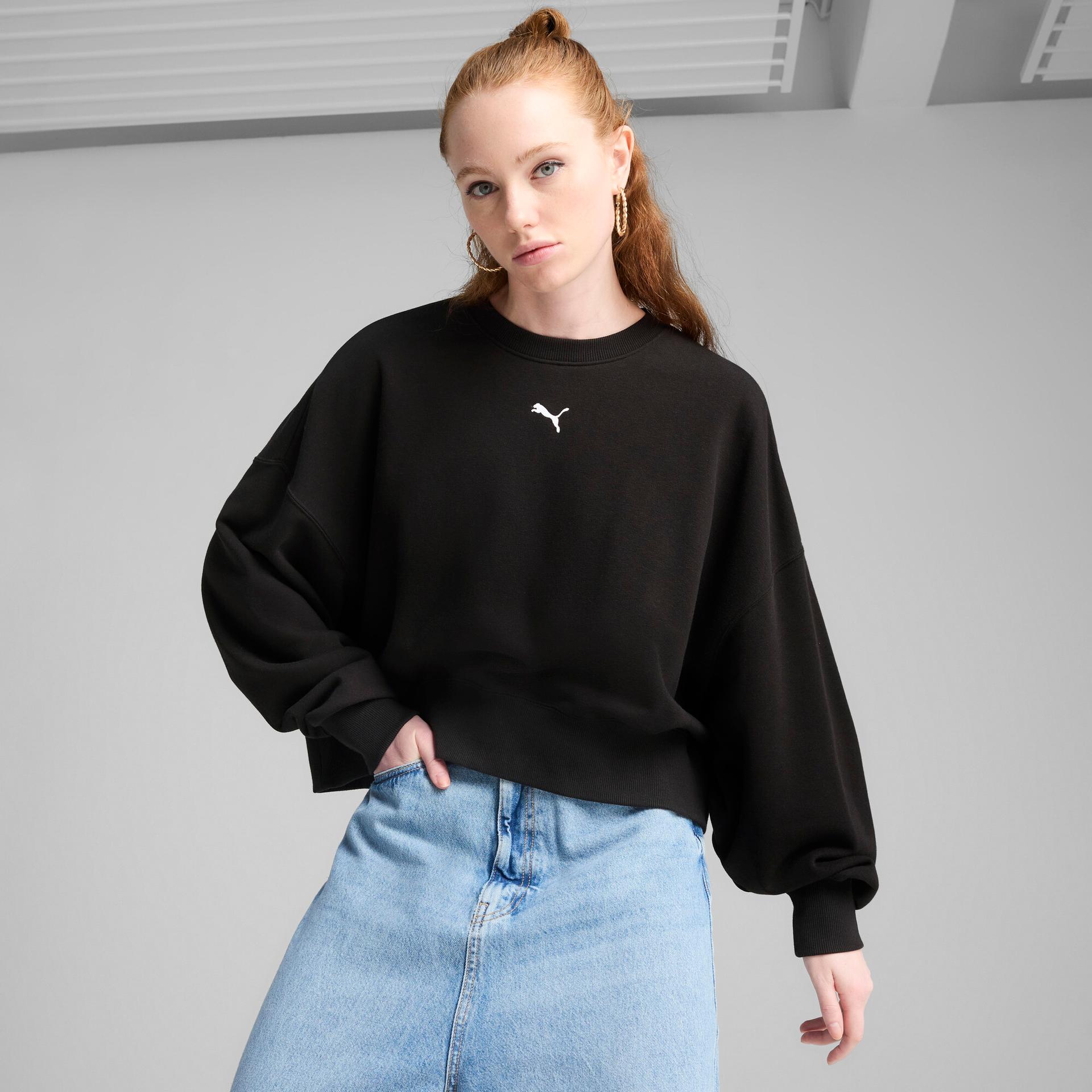 puma wardrobe essentials women's oversized crew neck sweatshirt in black, size l