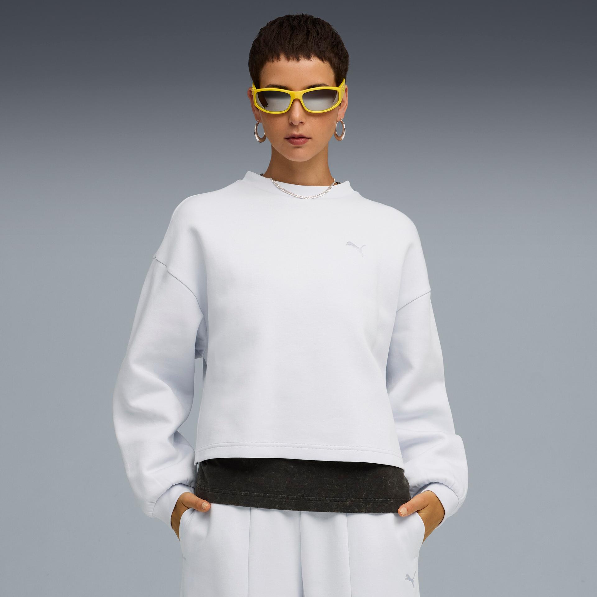 puma wardrobe essentials women's oversized crew neck sweatshirt in grey, size m