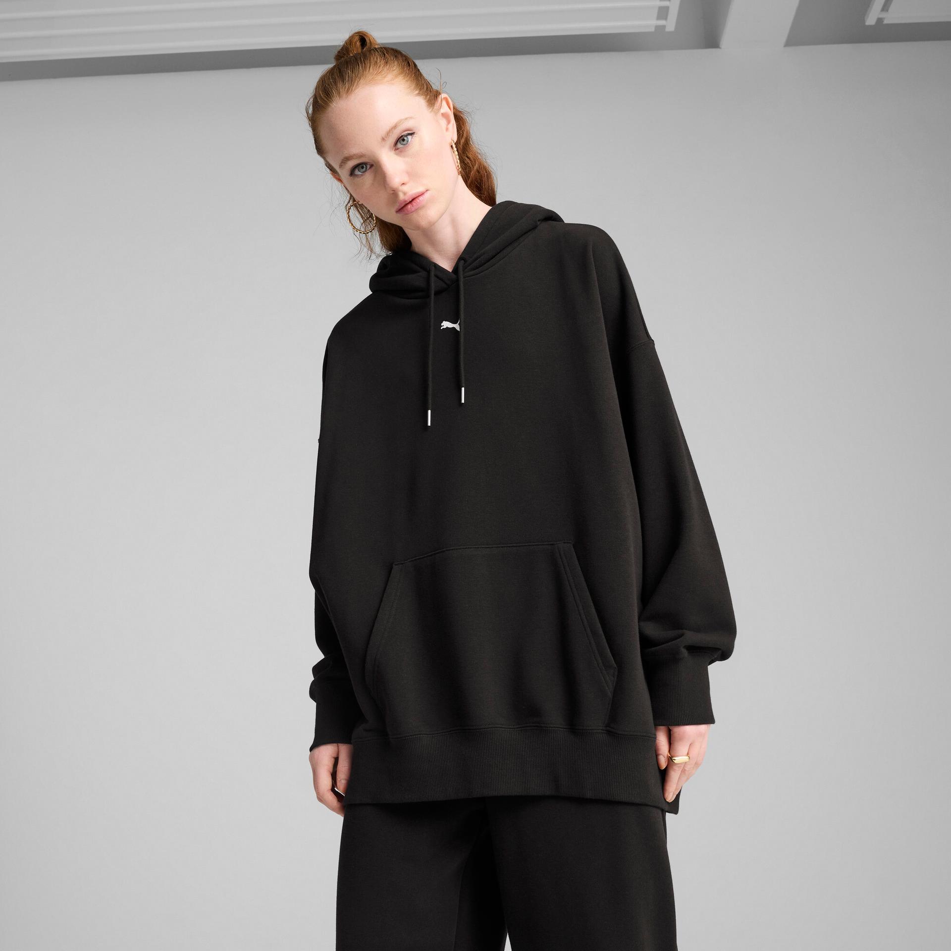 puma wardrobe essentials women's oversized hoodie in black, size xs