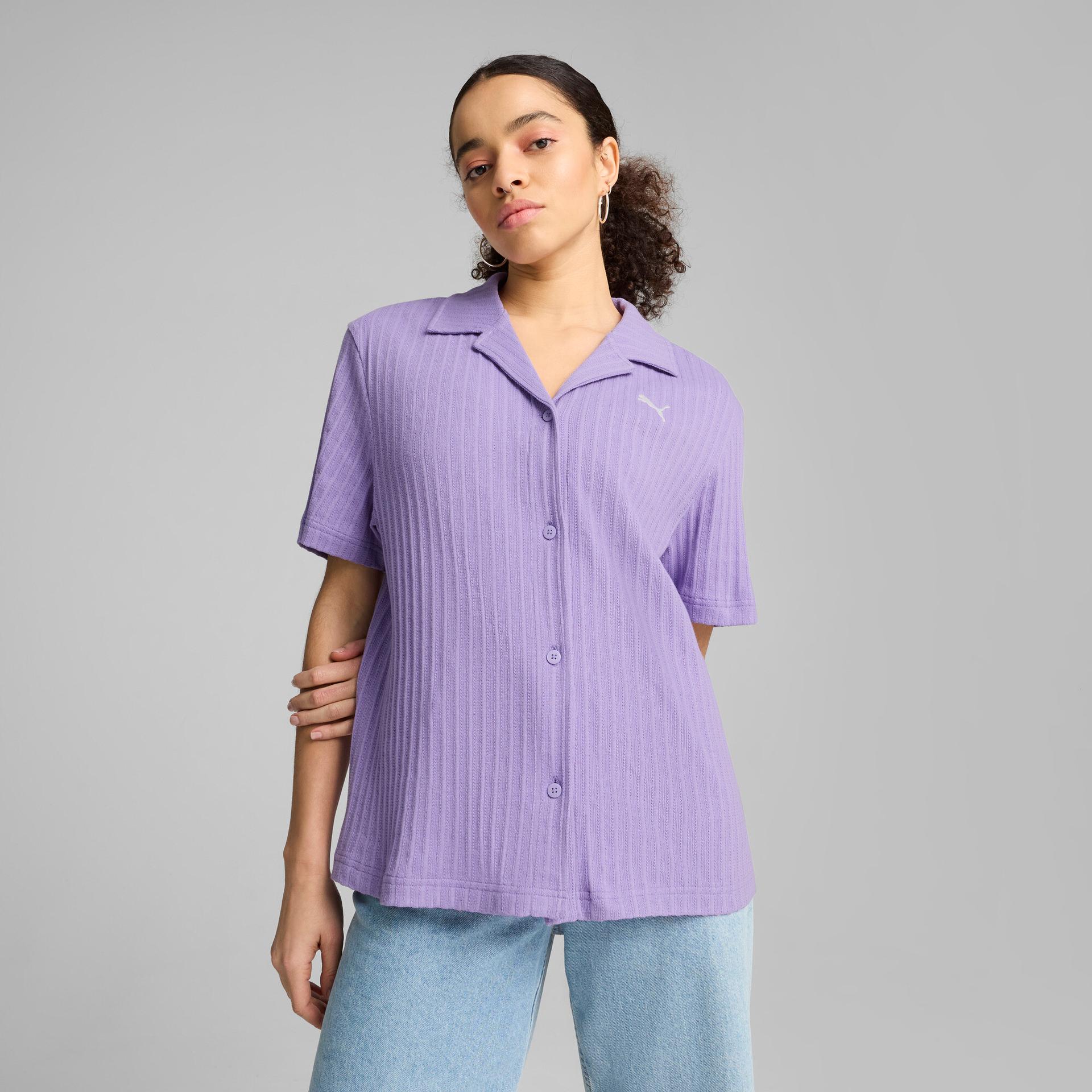 puma wardrobe essentials women's pointelle shirt in purple, size xs