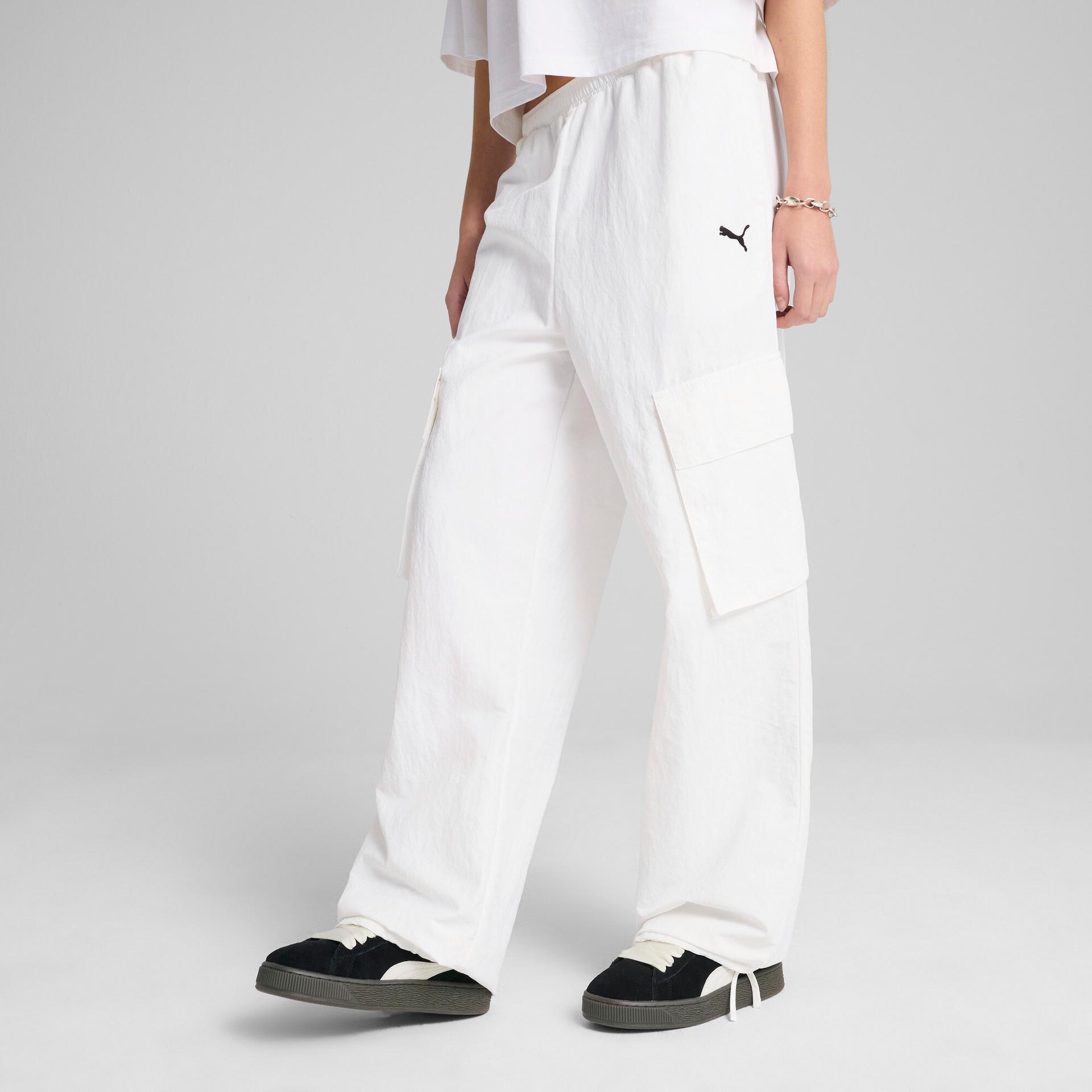 puma wardrobe essentials women's relaxed cargo pants in white, size xl