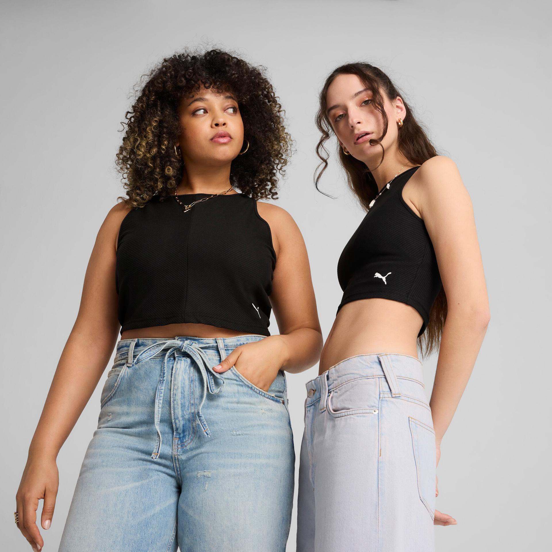 puma wardrobe essentials women's ribbed crop top in black, size 3xl