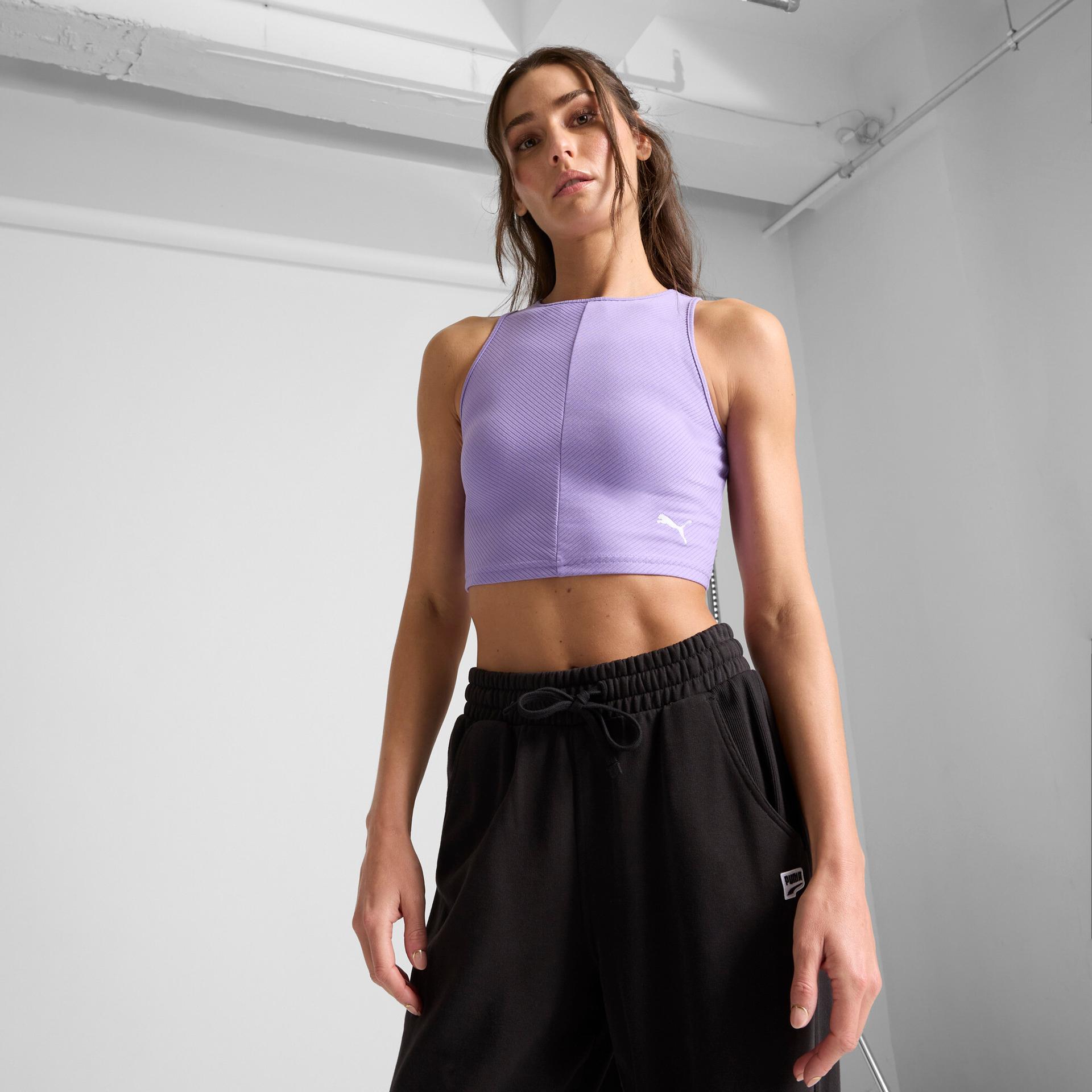 puma wardrobe essentials women's ribbed crop top in purple, size 3xl