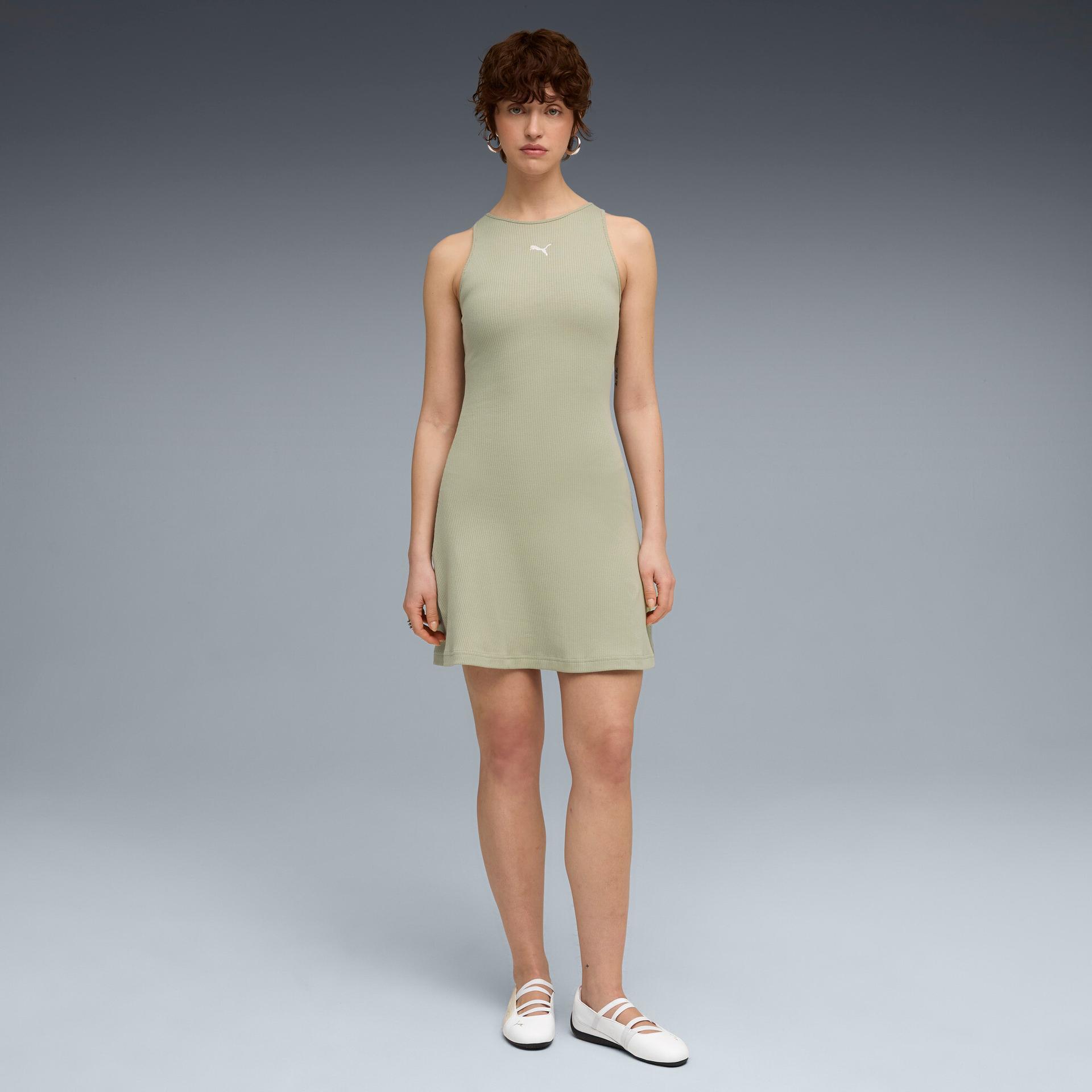 puma wardrobe essentials women's ribbed dress in green, size l