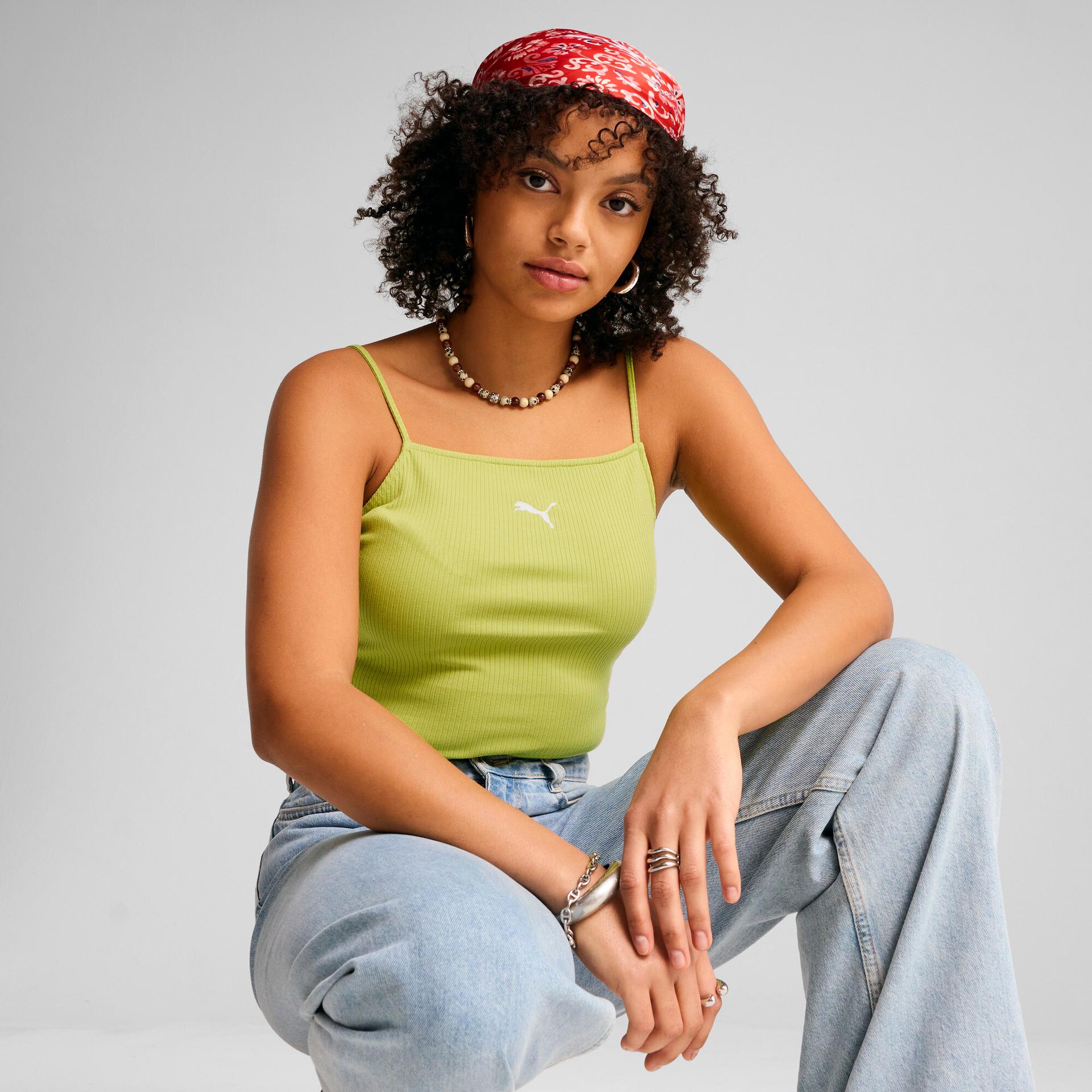 puma wardrobe essentials women's ribbed tank top in green, size xl