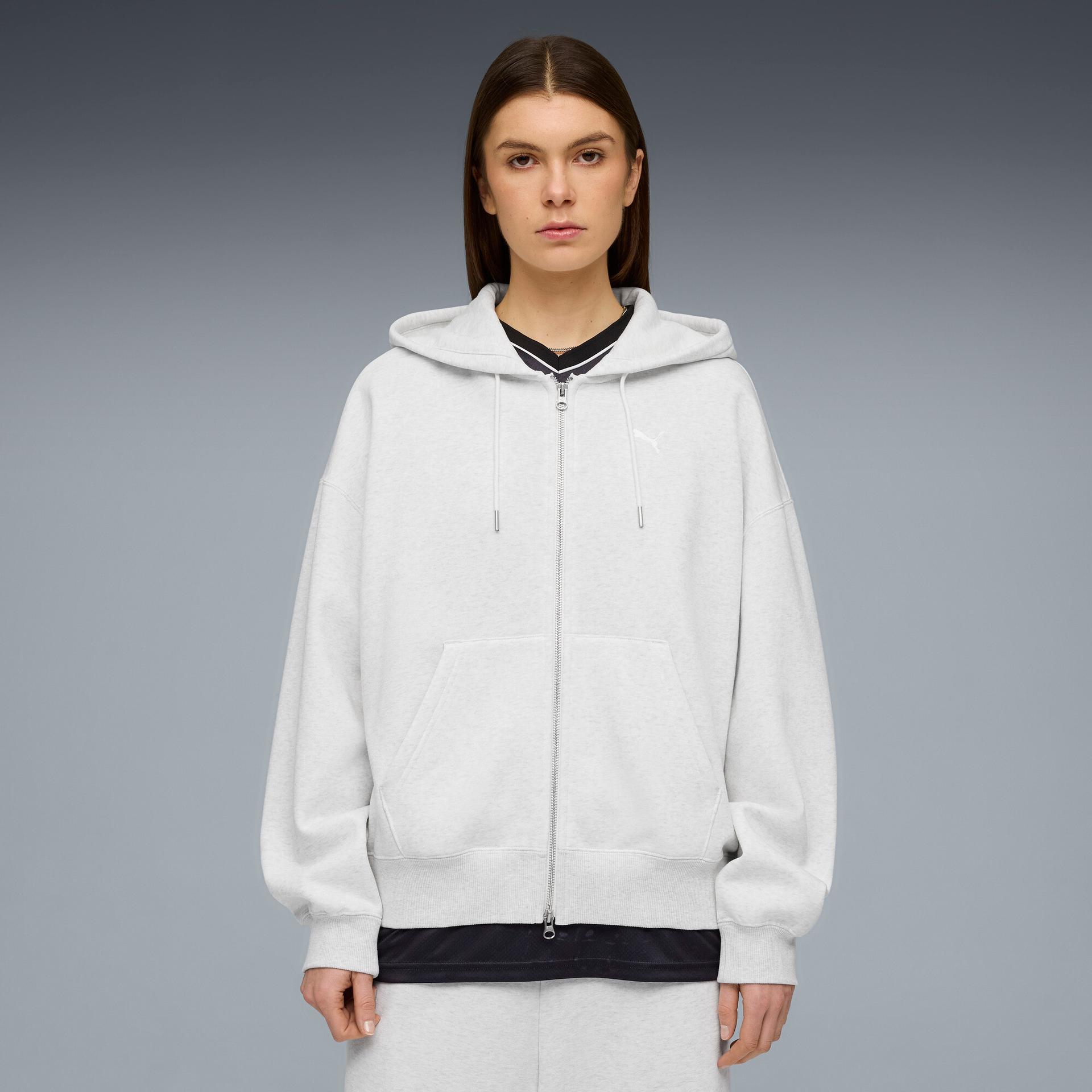 puma wardrobe essentials women's zip-up fleece hoodie in white, size s