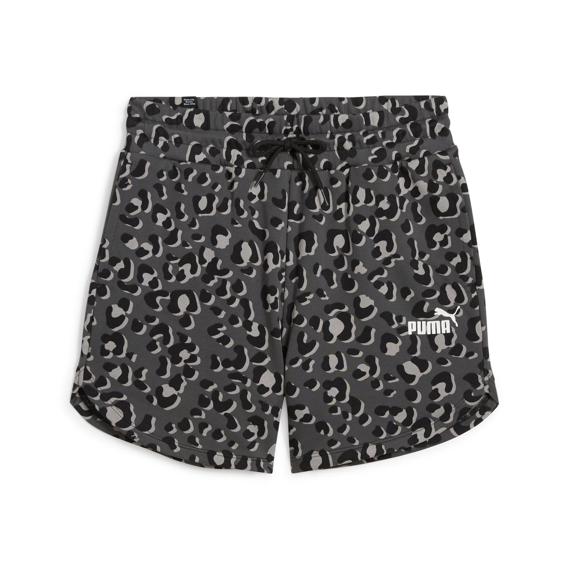 puma women's ess+ animal aop shorts in black, size l