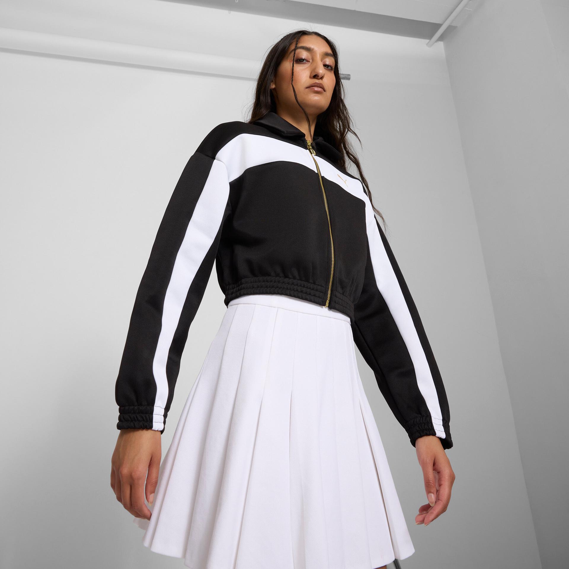 puma women's relaxed crop track jacket in black, size l