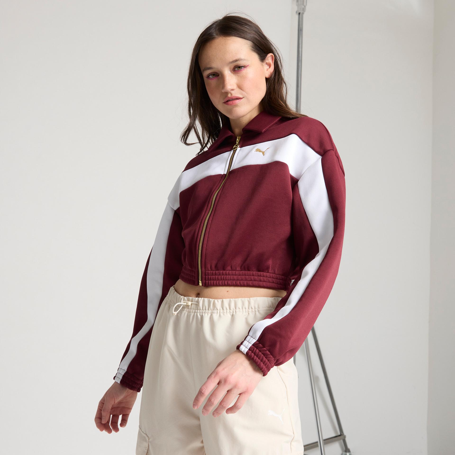 puma women's relaxed crop track jacket in red, size xl