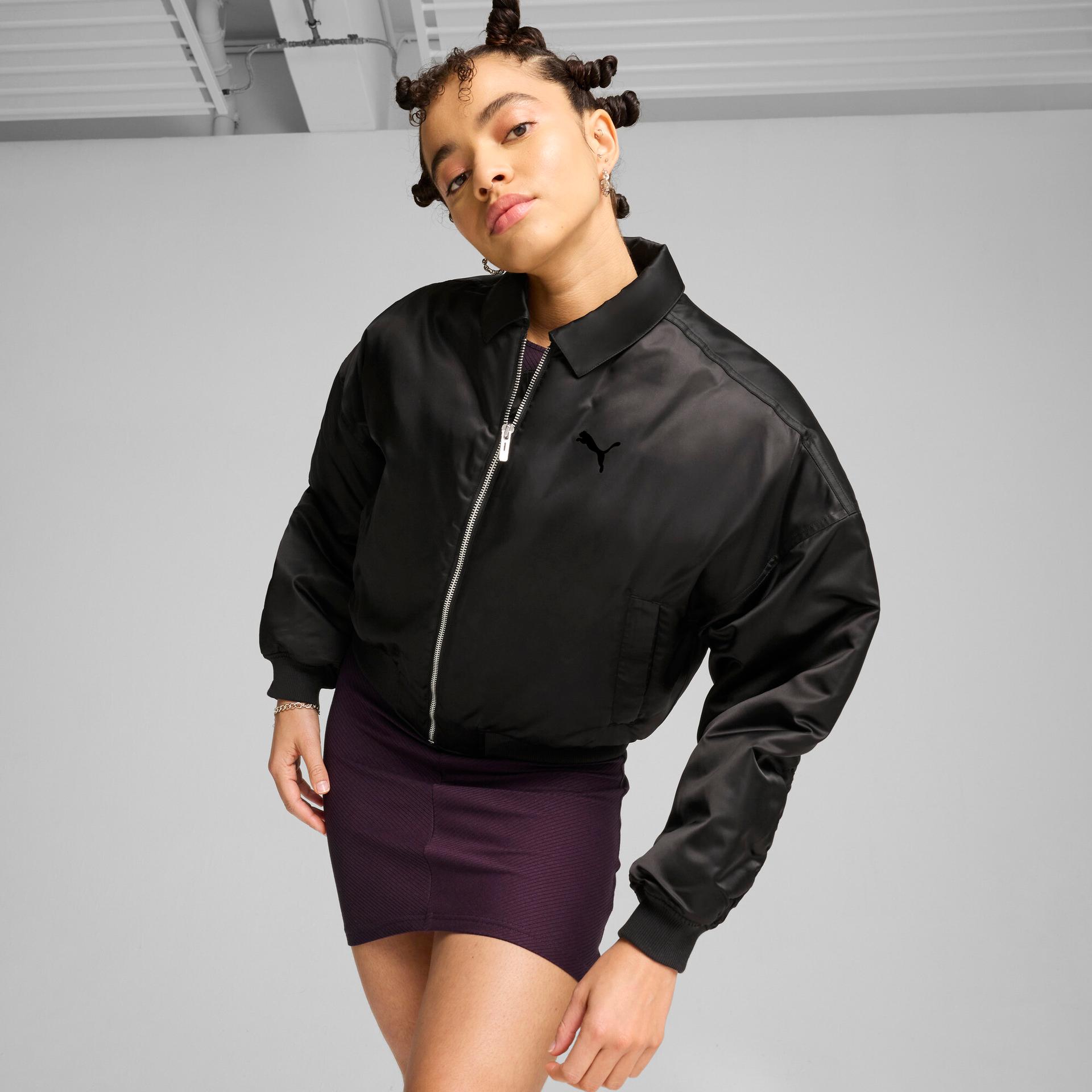 puma women's satin bomber jacket in black, size m