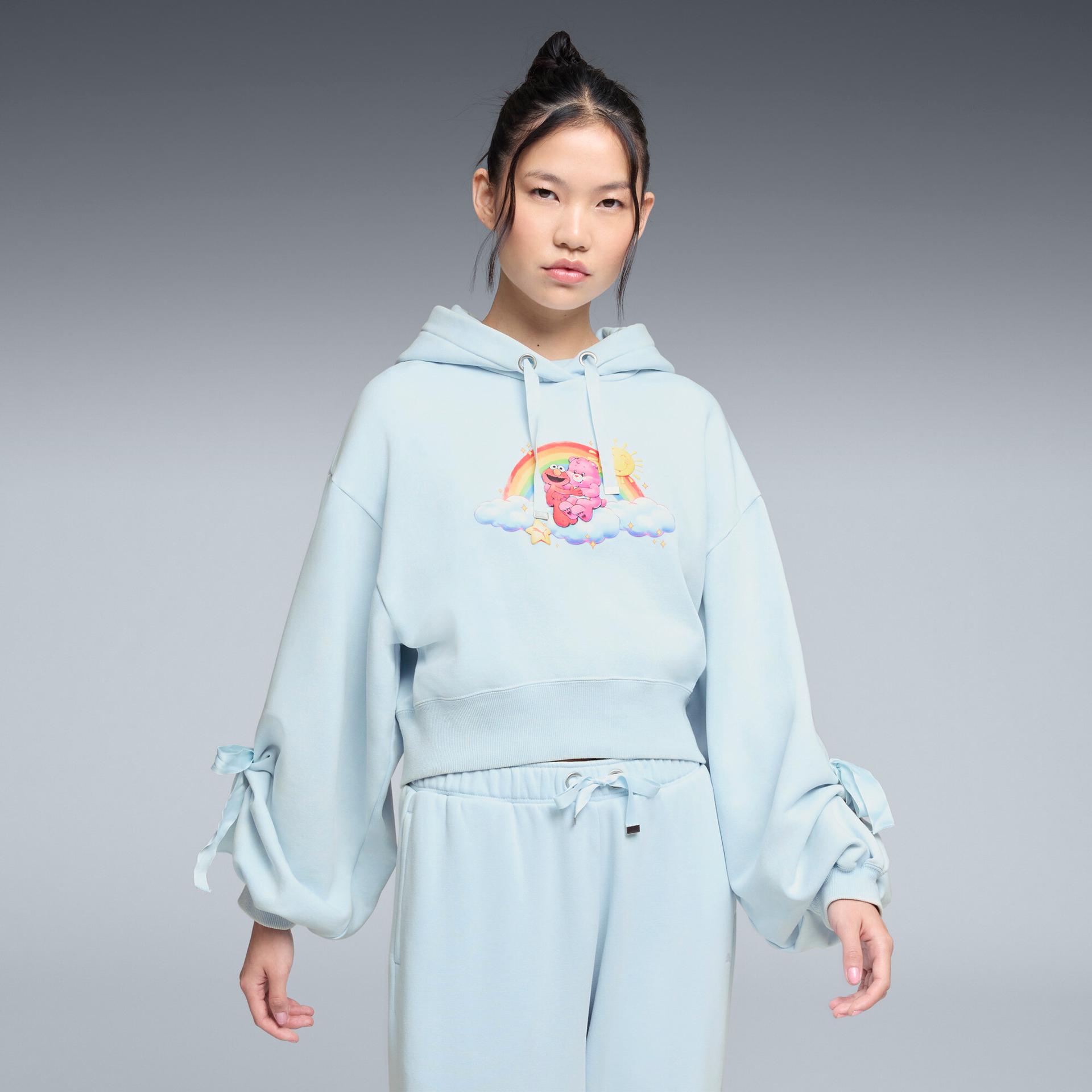 puma x care bears x sesame street women's relaxed fleece hoodie in blue, size m
