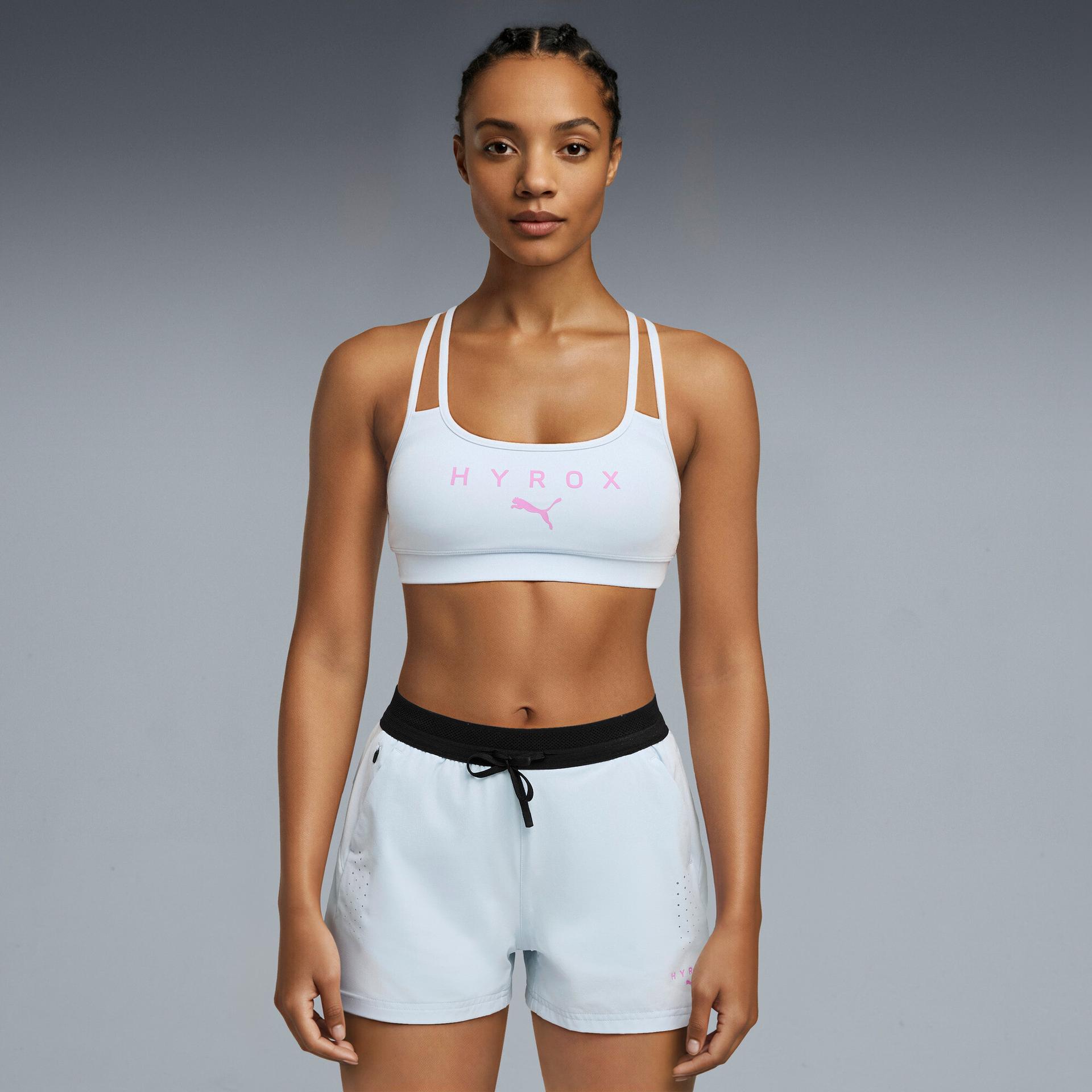 puma x hyrox move women's moisture wicking, low impact sports bra in grey, size s