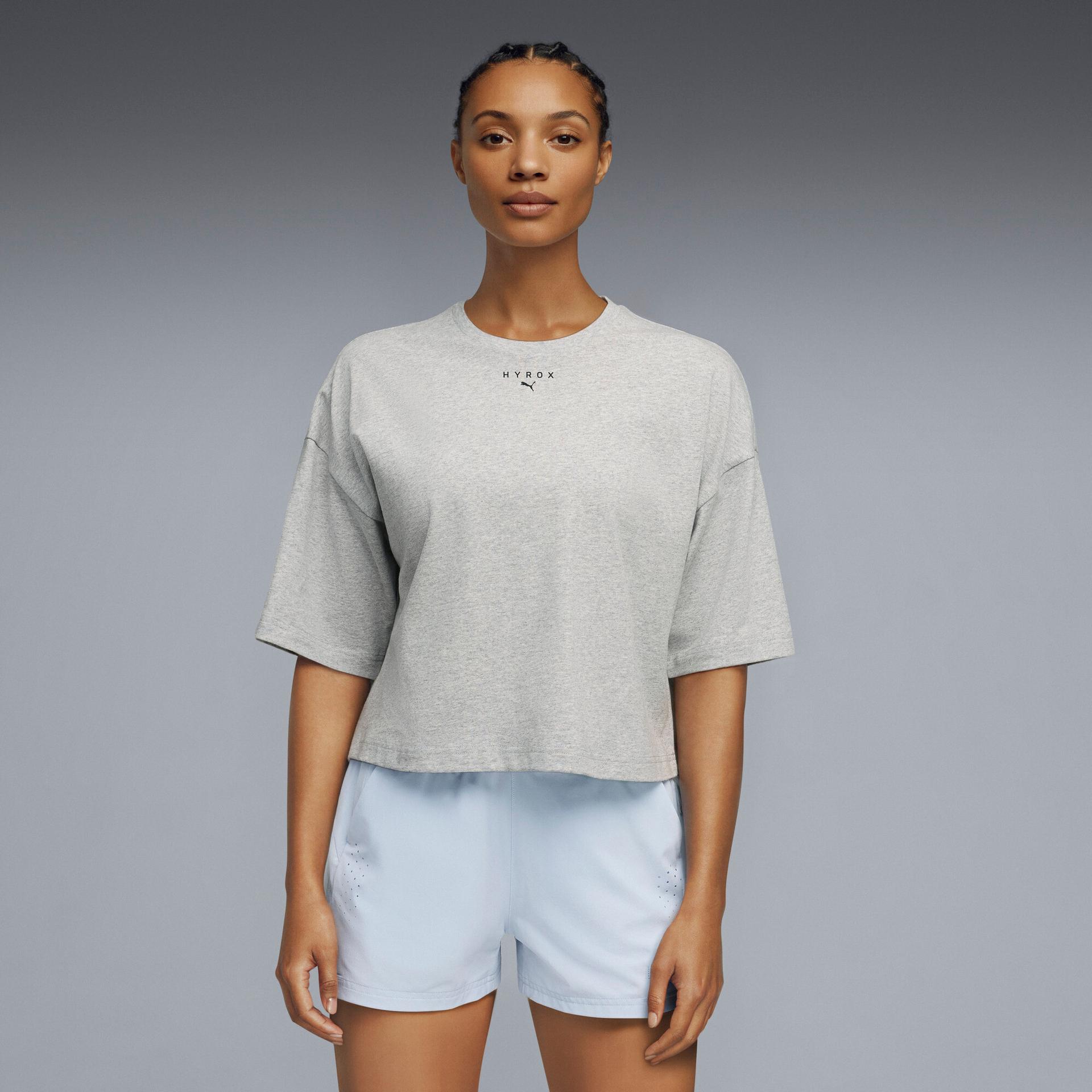 puma x hyrox women's cropped t-shirt in grey, size m