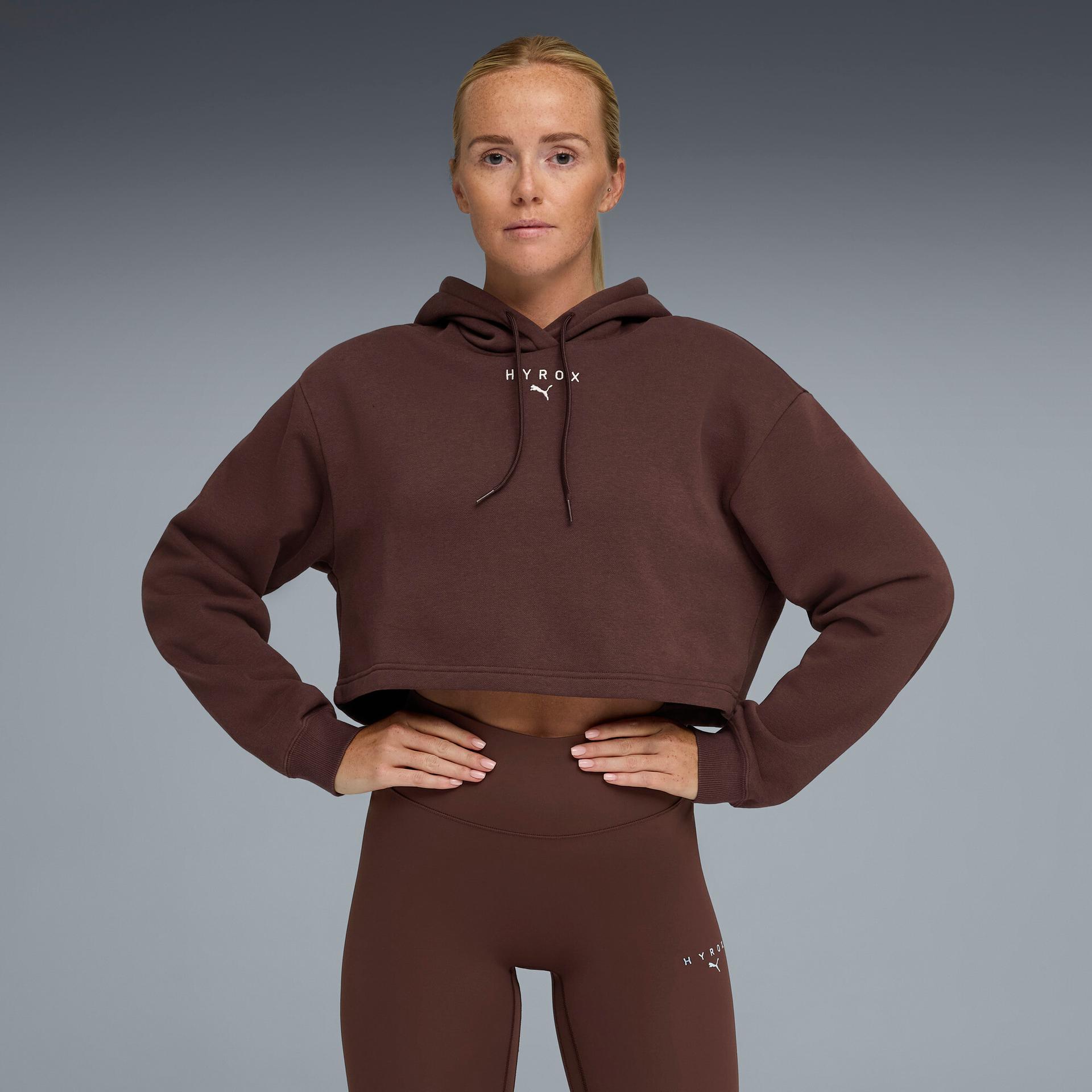 puma x hyrox women's heavyweight hoodie shoes in brown, size xxs