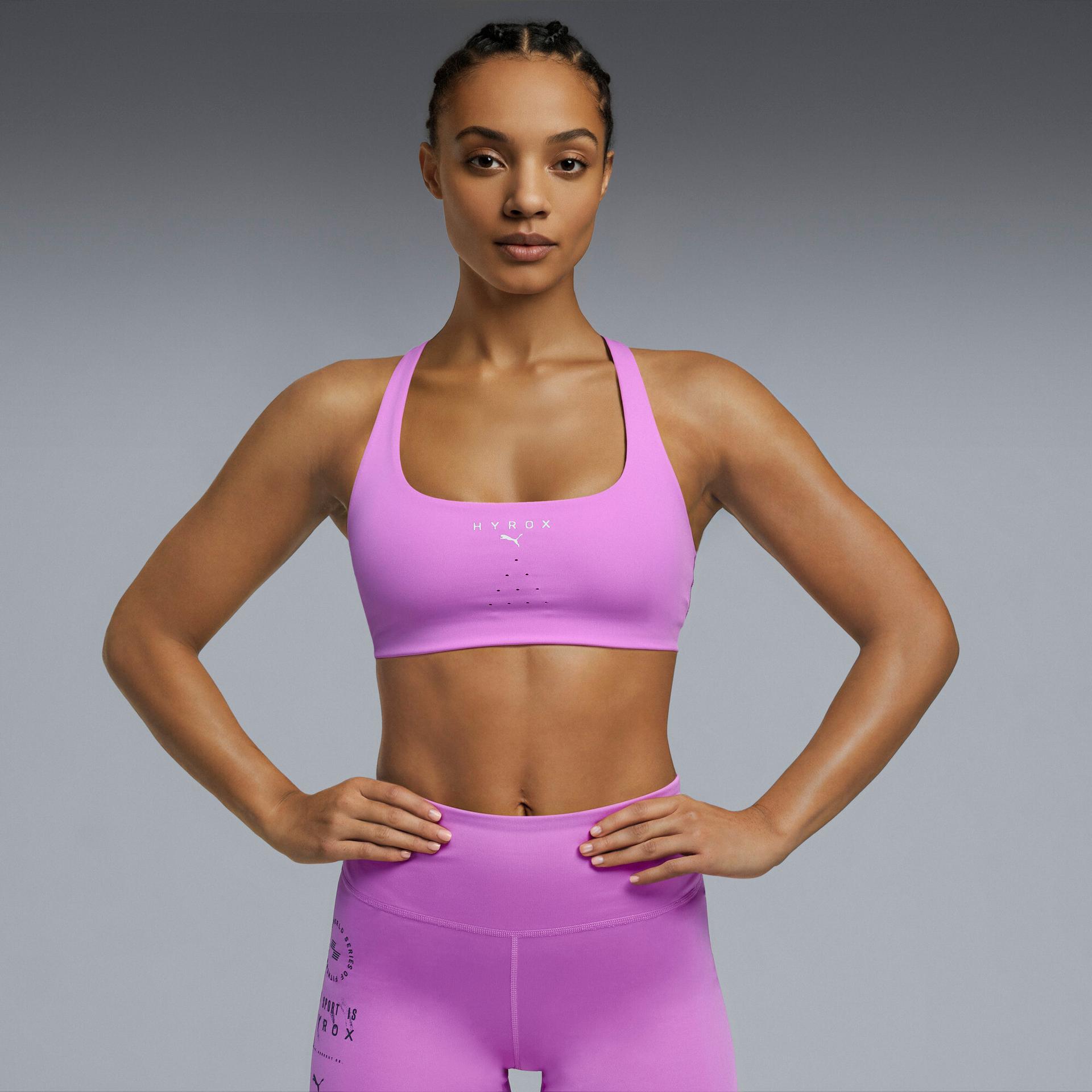 puma x hyrox women's moisture wicking, low impact sports bra in pink, size l