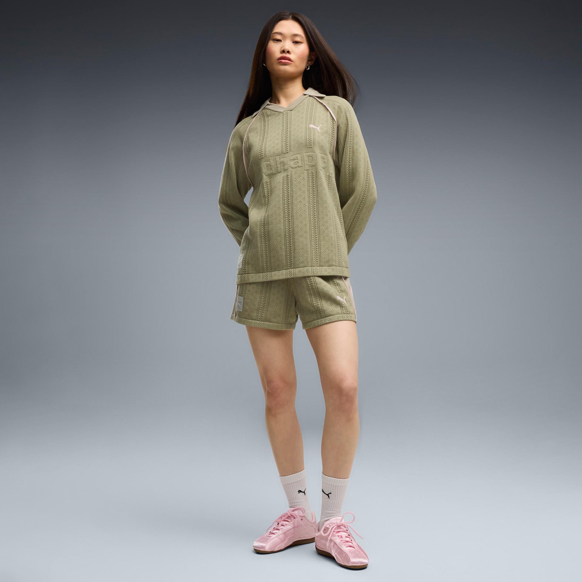puma x madhappy women's pointelle knitted shorts in green, size s