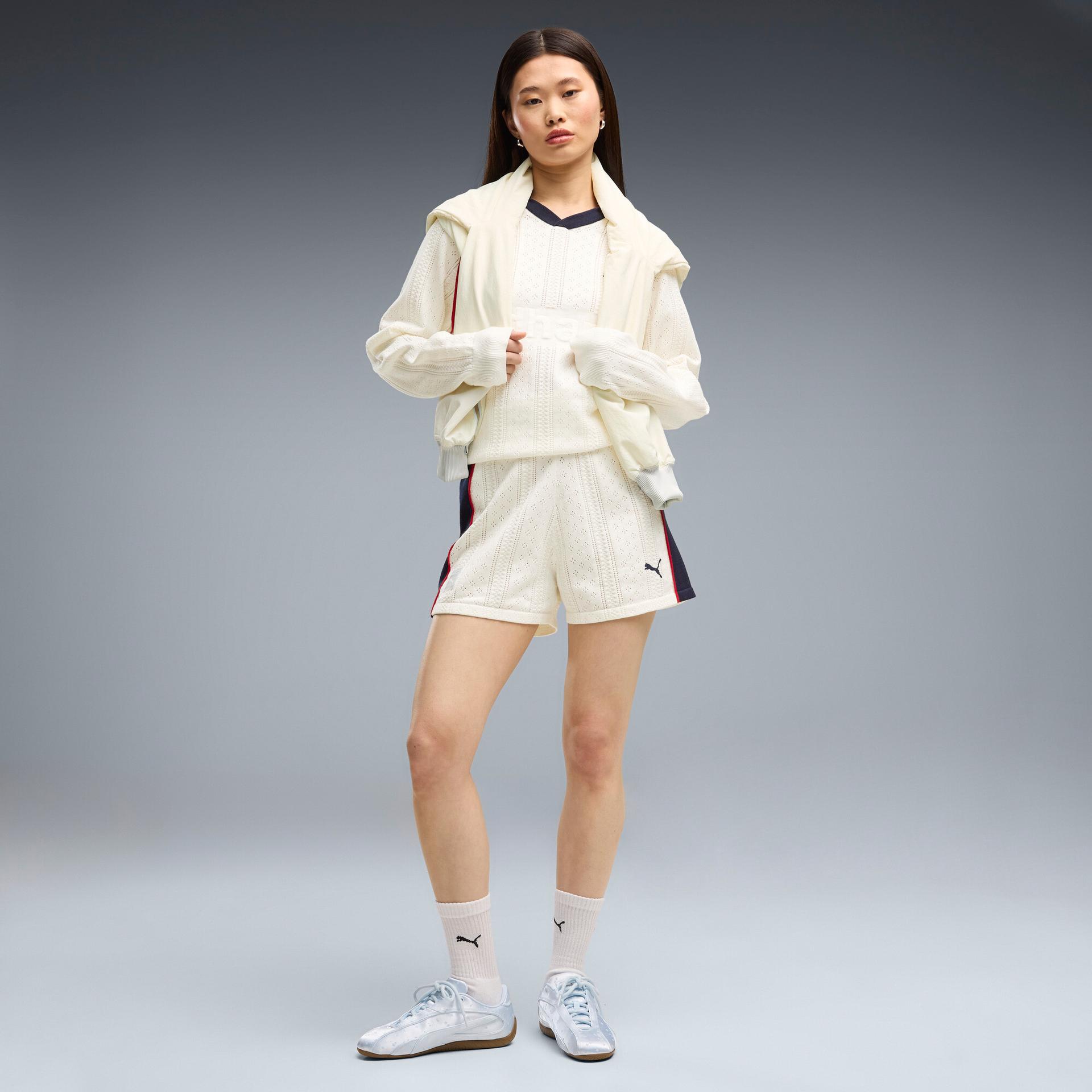 puma x madhappy women's pointelle knitted shorts in white, size s