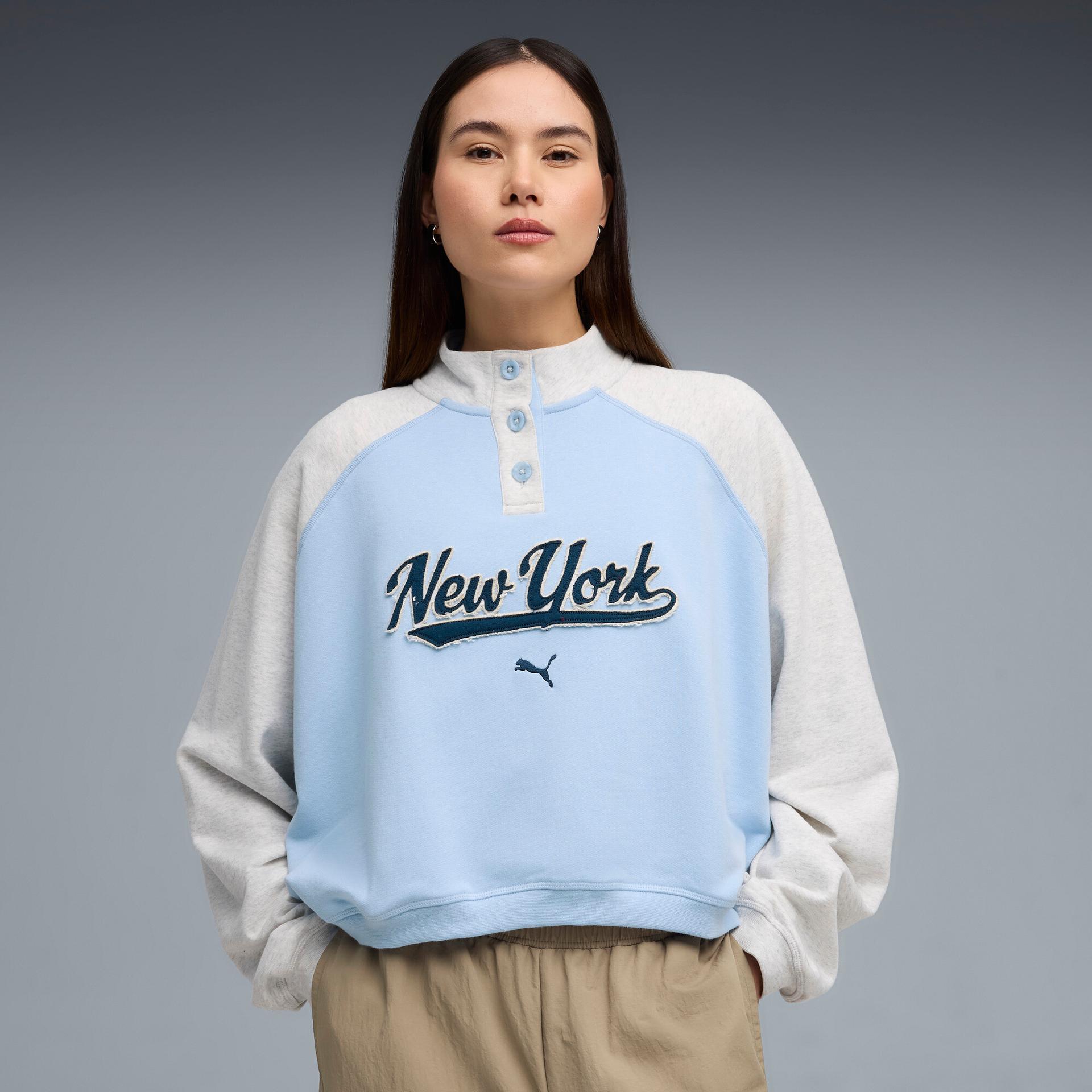 puma x nyc women's crew neck sweatshirt in blue, size xxs