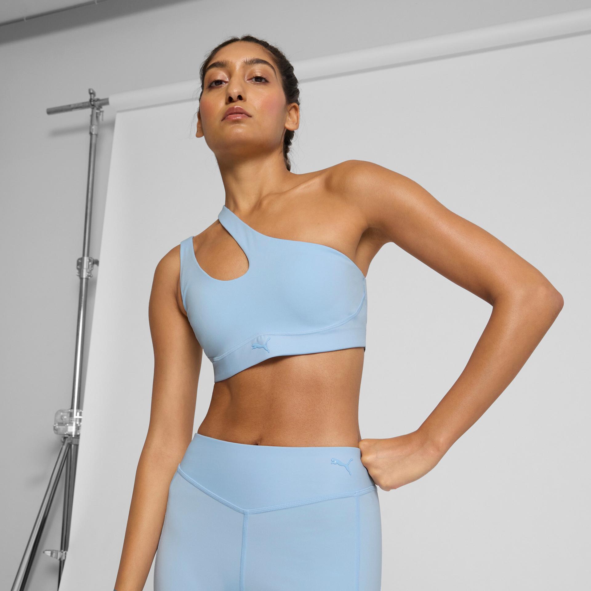 puma x pamela reif women's asymmetric sports bra in blue, size xxl