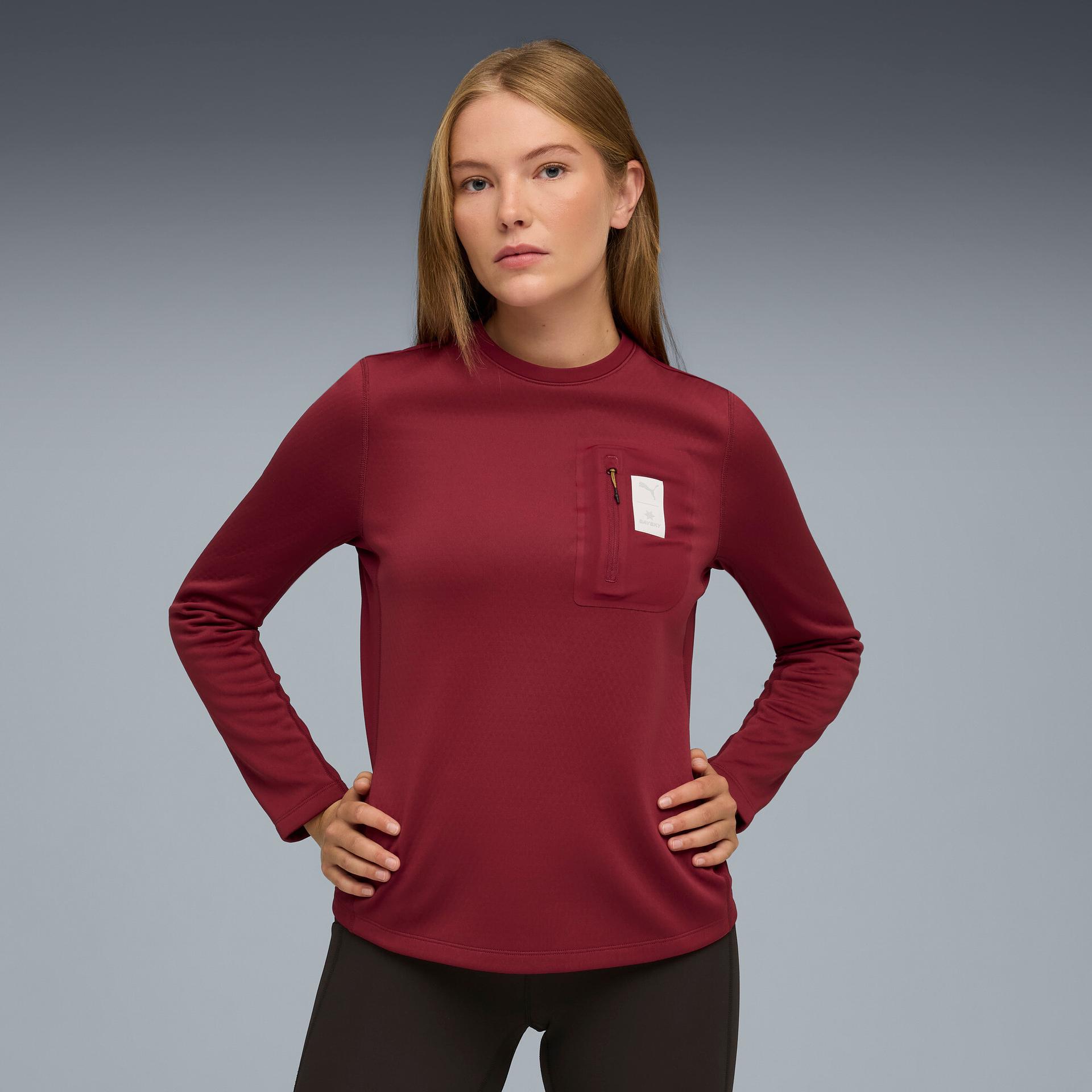 puma x saysky women's moisture wicking running sweatshirt in red, size 3xl