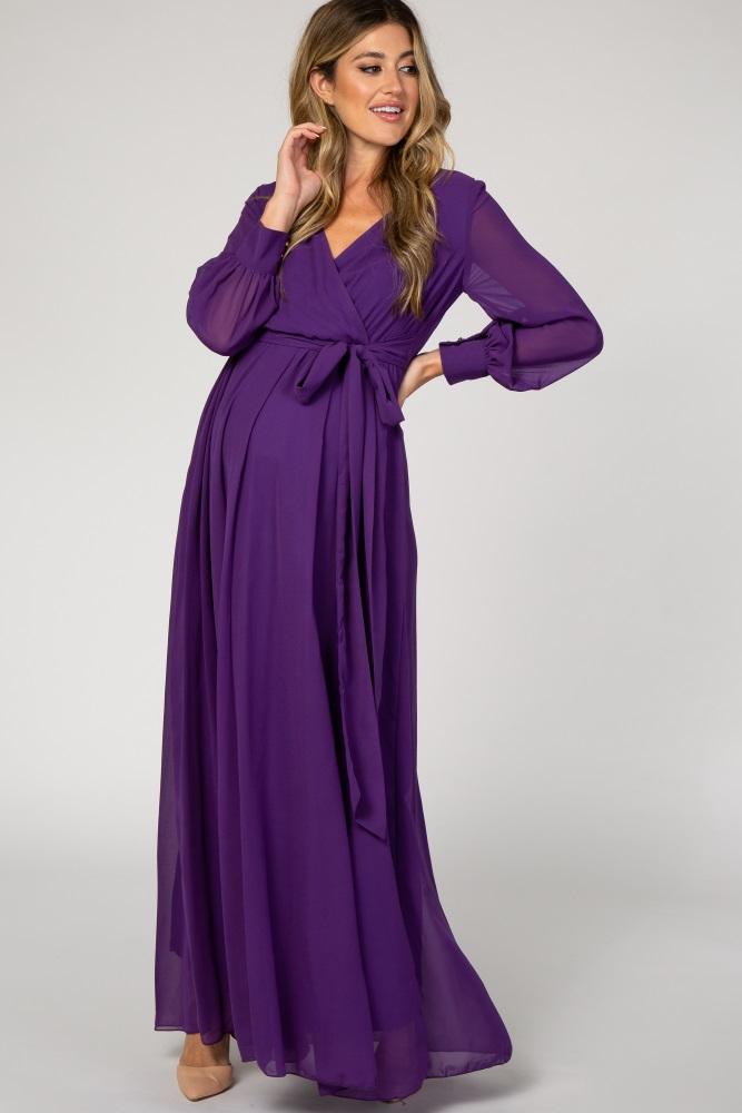 purple chiffon long sleeve pleated maternity maxi dress