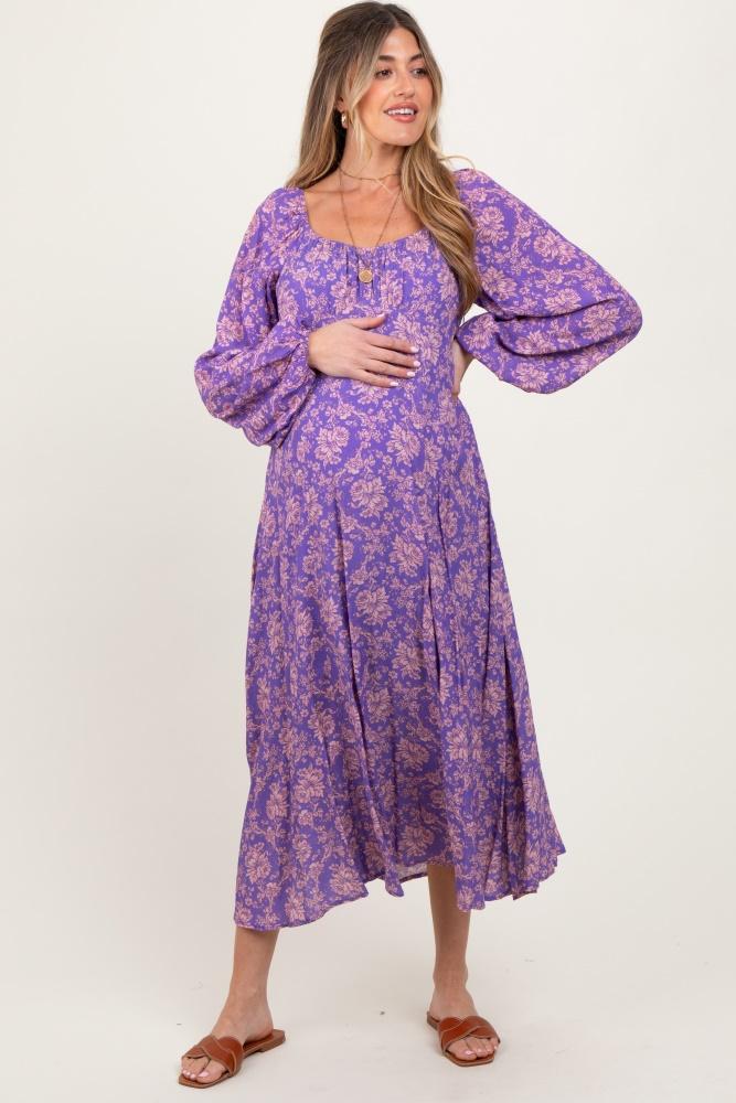 purple floral long sleeve maternity dress