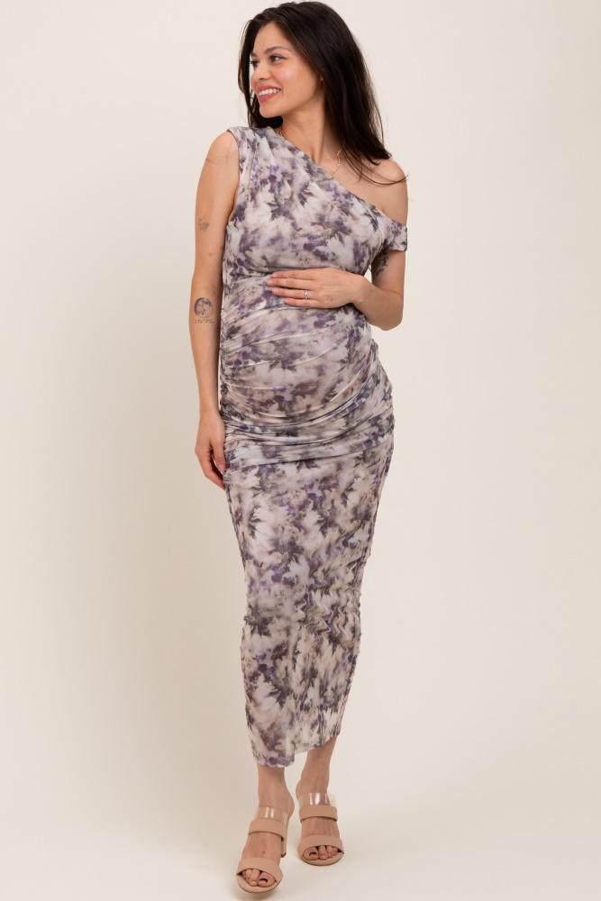 purple floral ruched one shoulder maternity midi dress