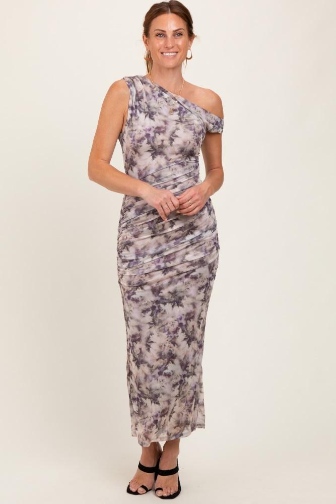 purple floral ruched one shoulder midi dress