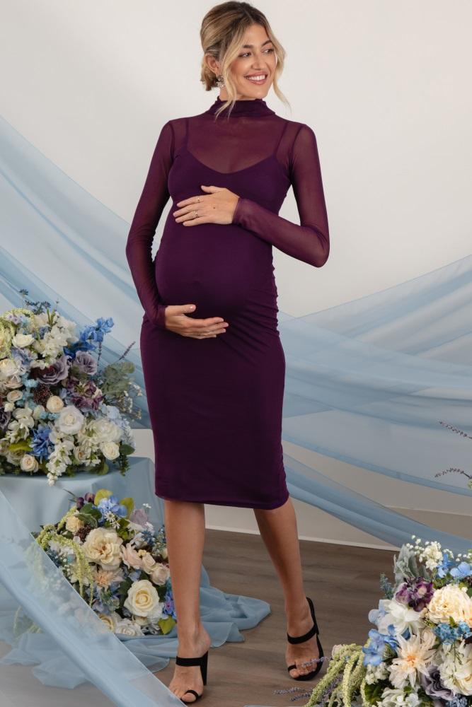purple mesh overlay fitted maternity midi dress