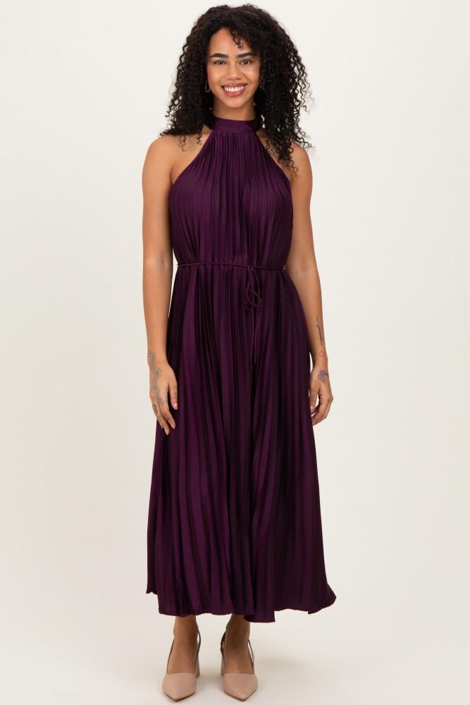 purple pleated halter dress