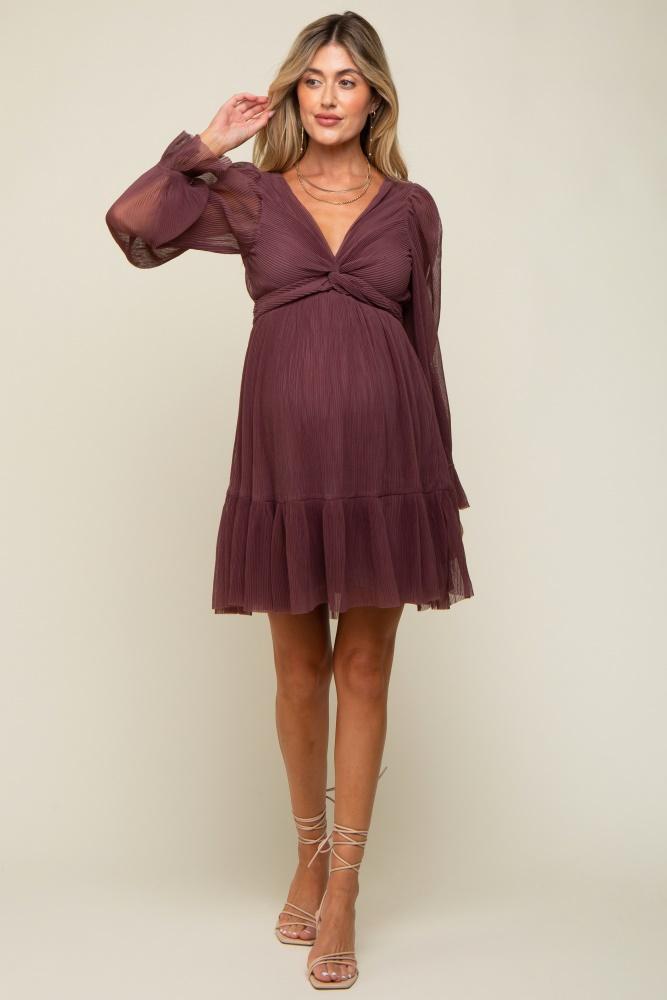 purple pleated knotted long sleeve maternity dress