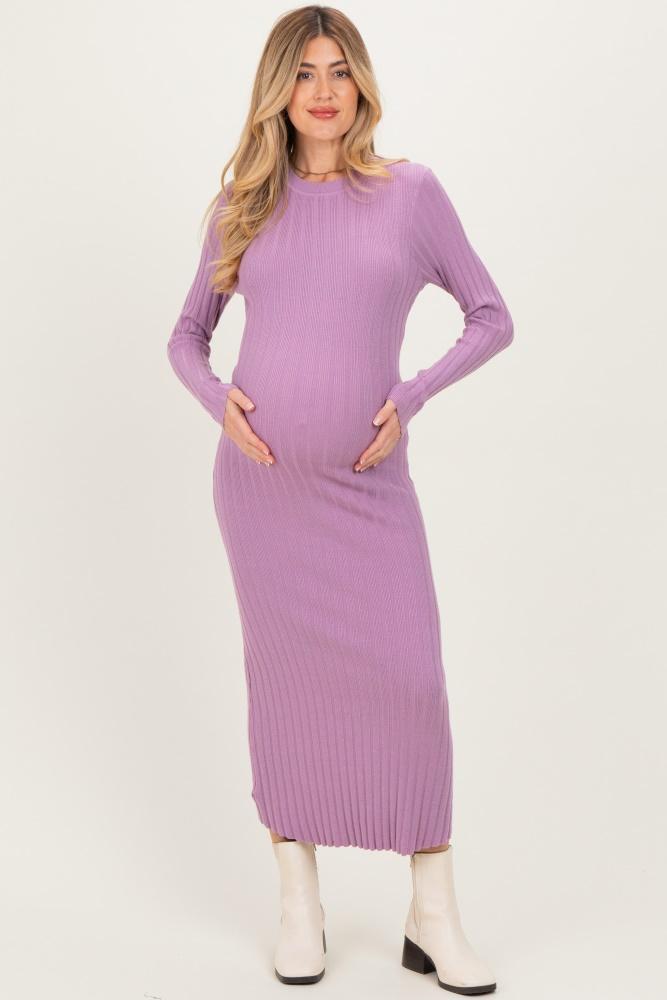 purple ribbed knit fitted maternity midi sweater dress