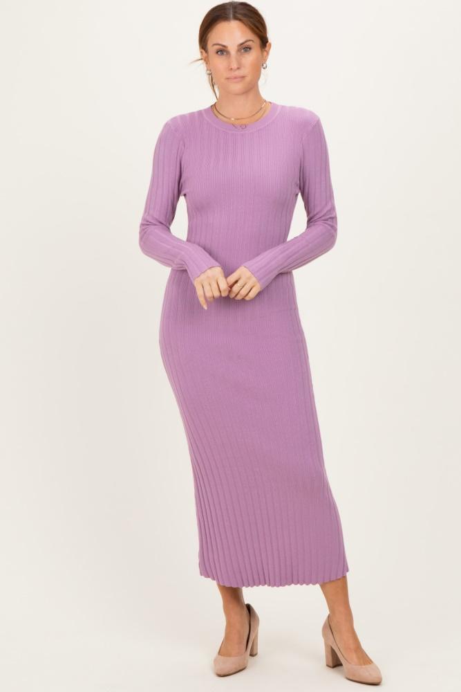 purple ribbed knit fitted midi sweater dress