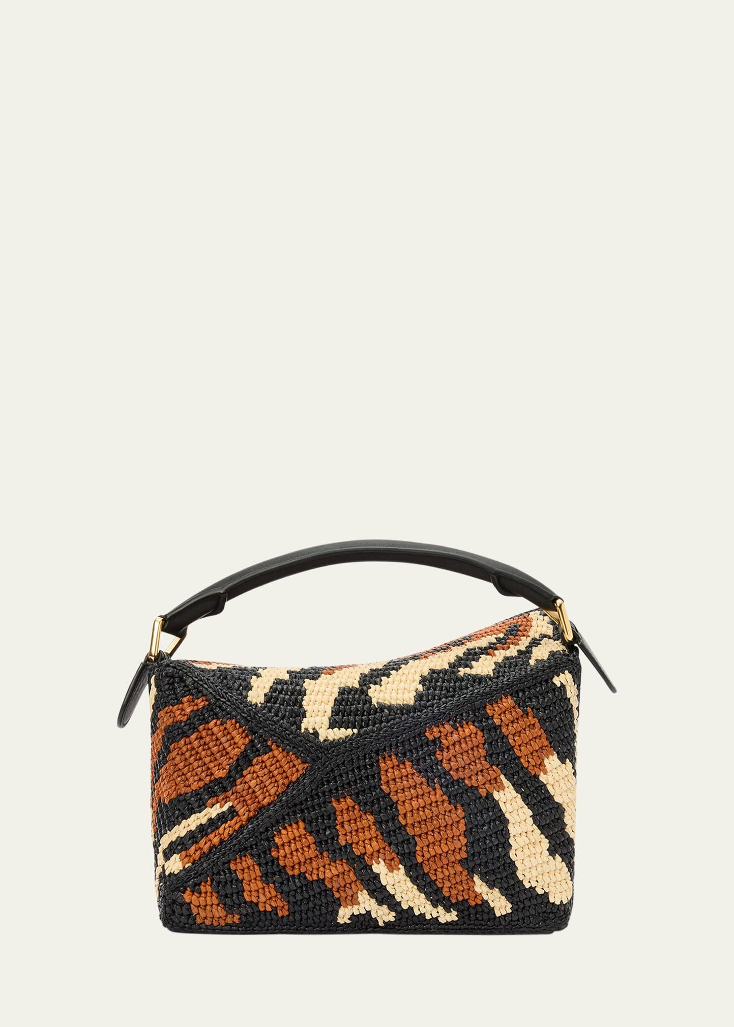 puzzle edge small top-handle bag in raffia and leather