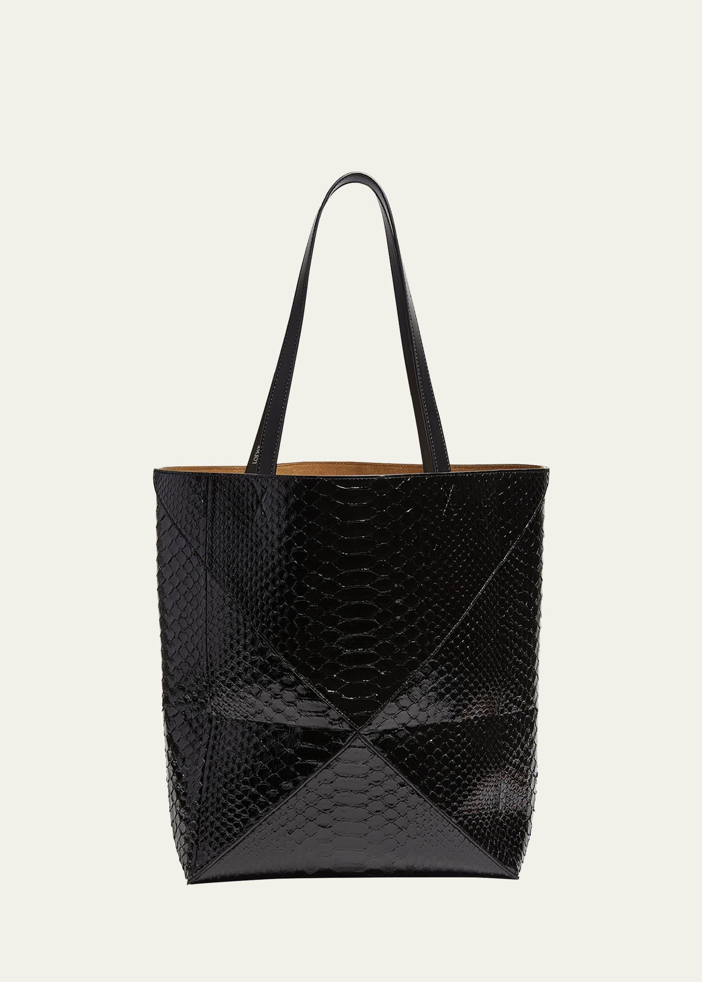 puzzle fold large patent python-embossed tote bag