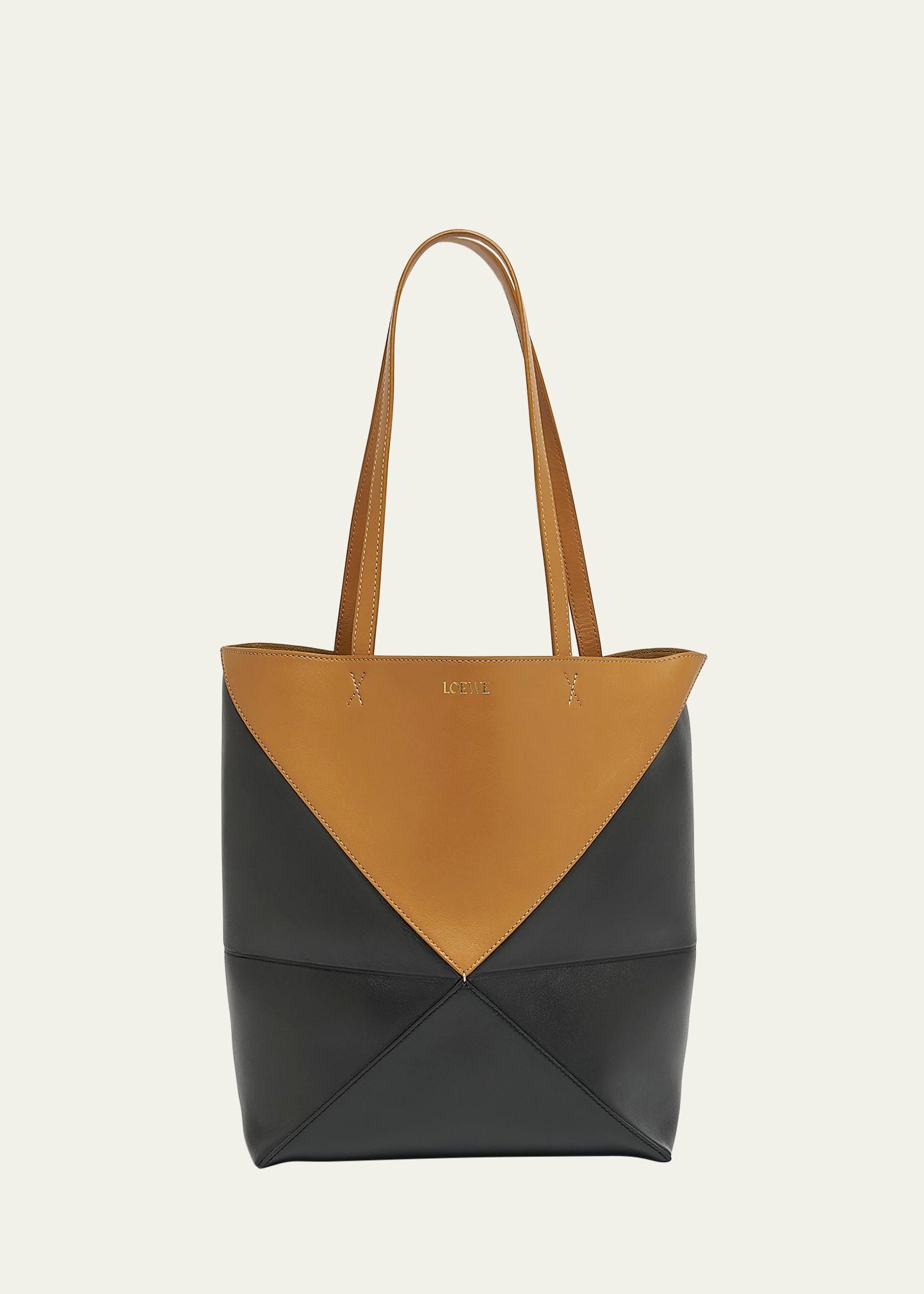 puzzle fold medium tote bag in shiny bicolor leather